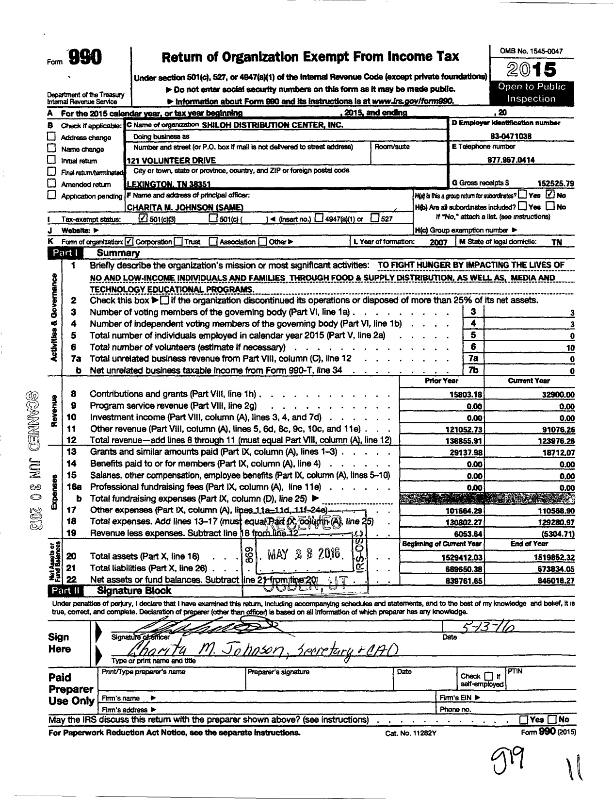 Image of first page of 2015 Form 990 for Shiloh Distribution Center