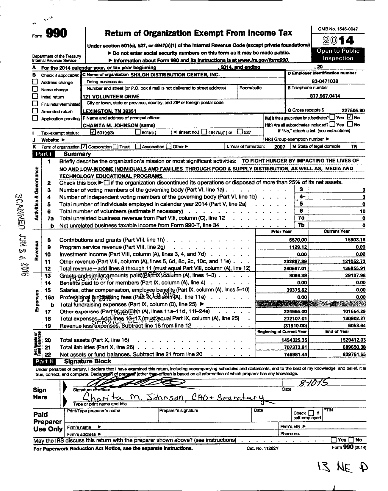 Image of first page of 2014 Form 990 for Shiloh Distribution Center