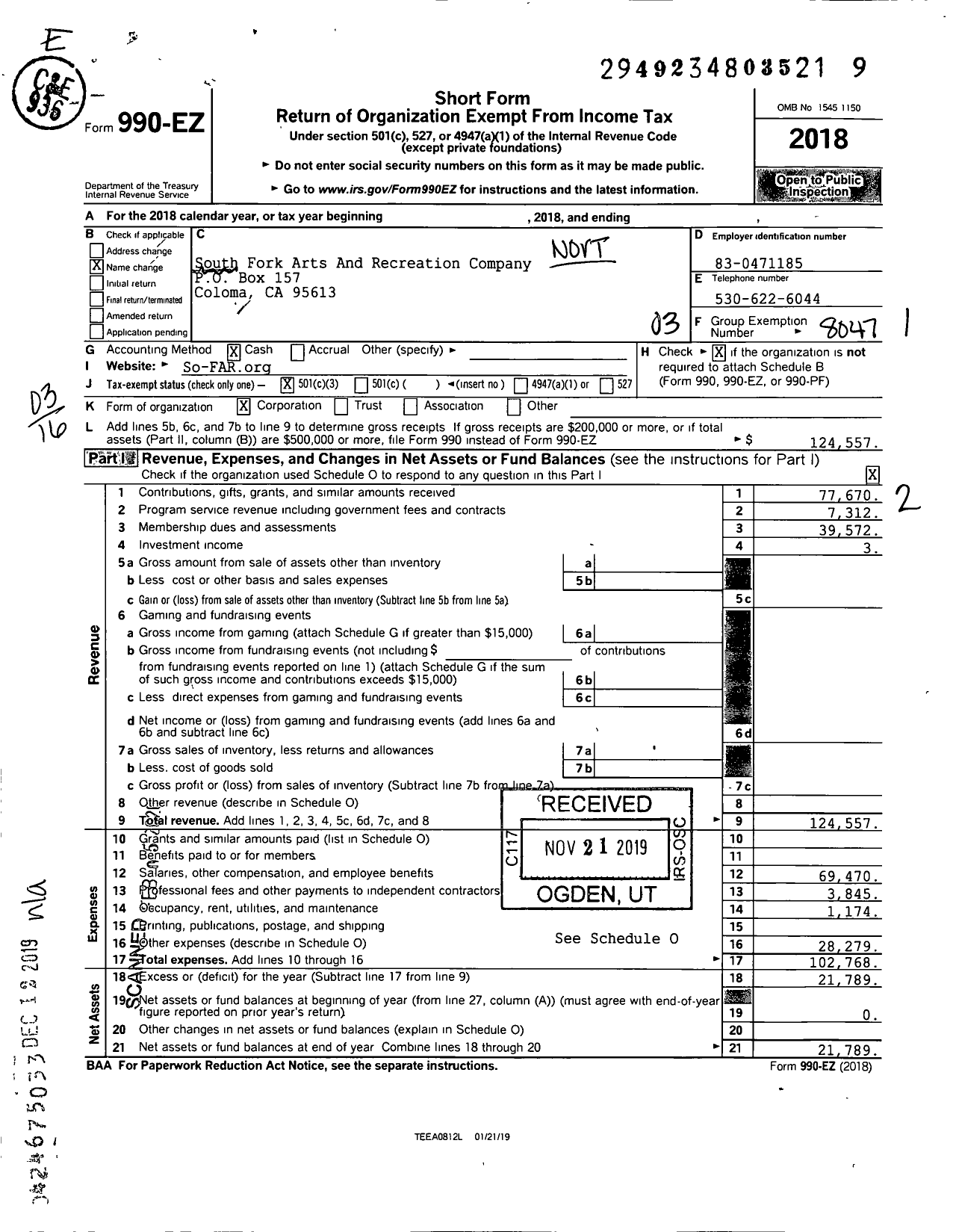 Image of first page of 2018 Form 990EZ for South Fork Arts And Recreation Company