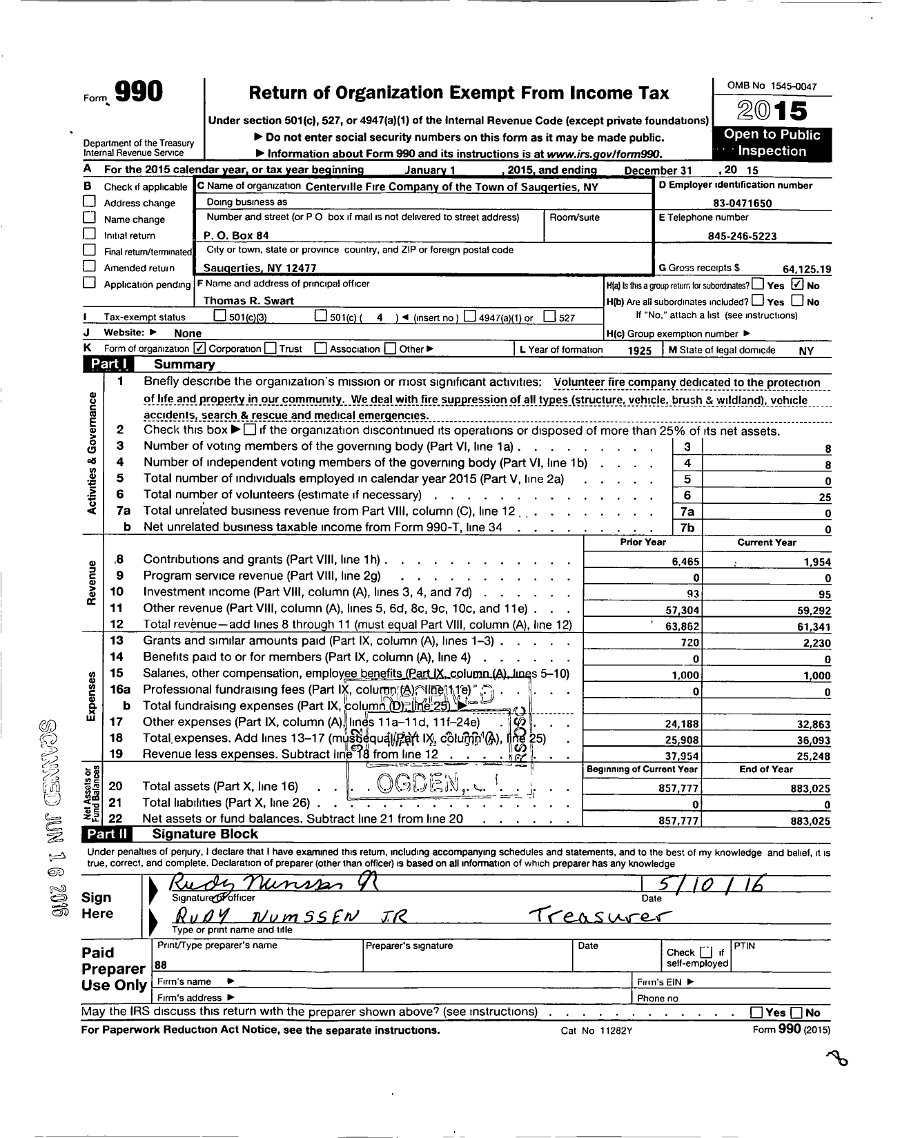 Image of first page of 2015 Form 990O for Centerville Fire Company