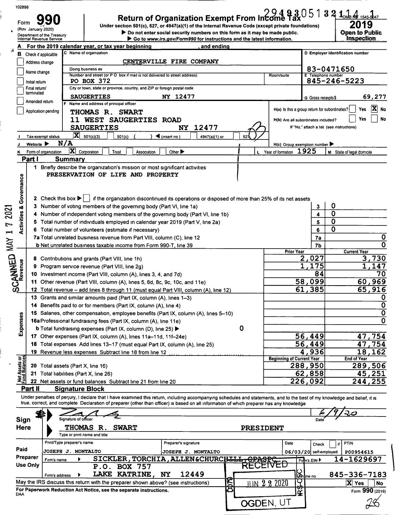 Image of first page of 2019 Form 990 for Centerville Fire Company