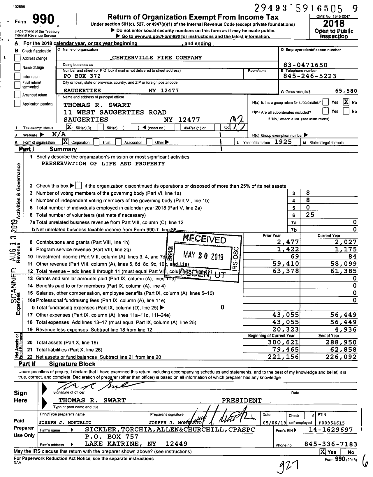 Image of first page of 2018 Form 990 for Centerville Fire Company