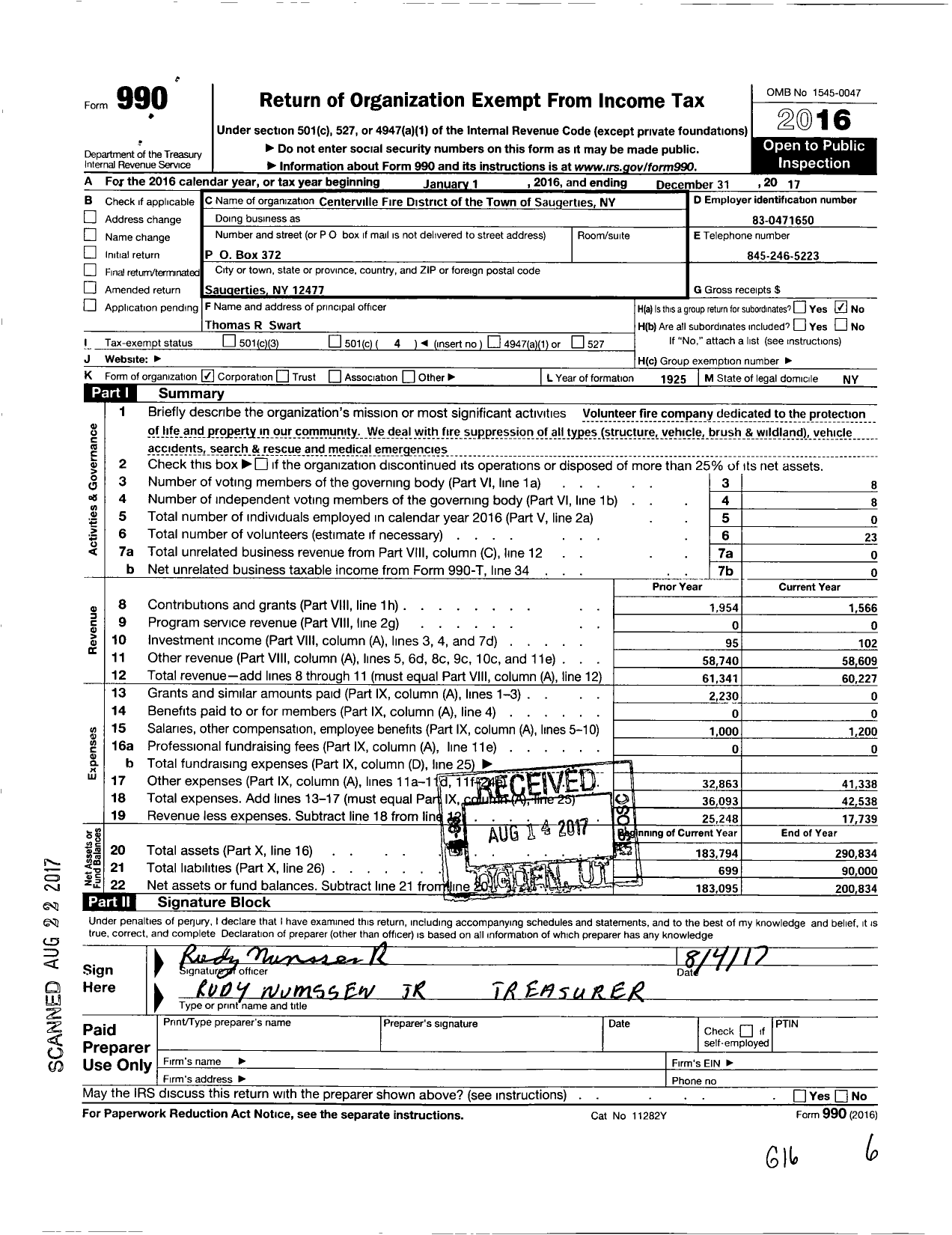 Image of first page of 2017 Form 990O for Centerville Fire Company
