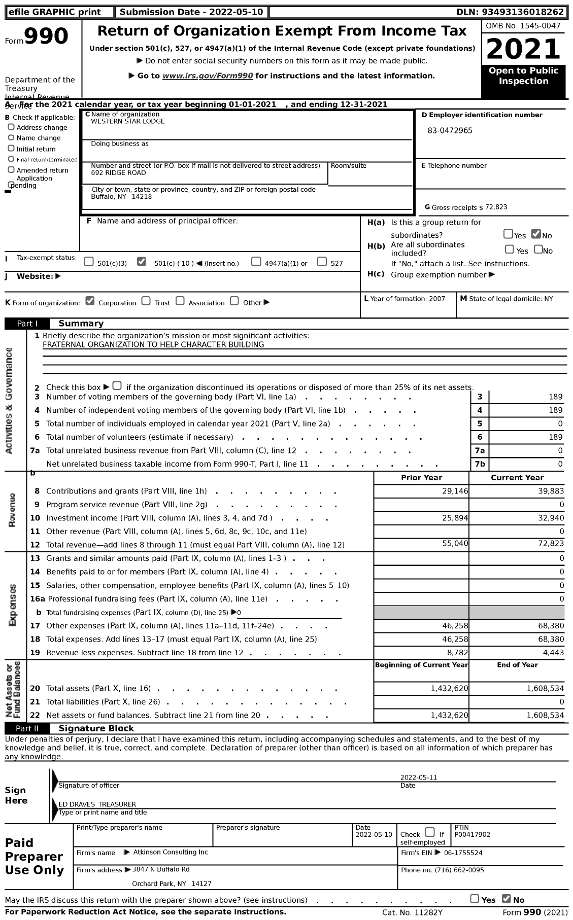 Image of first page of 2021 Form 990 for Free and Accepted Masons of New York - 1185 Western Star