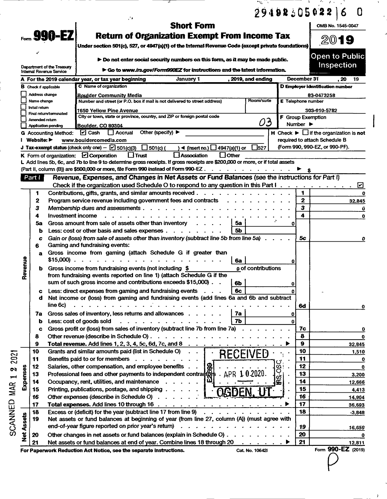 Image of first page of 2019 Form 990EZ for Boulder Community Media