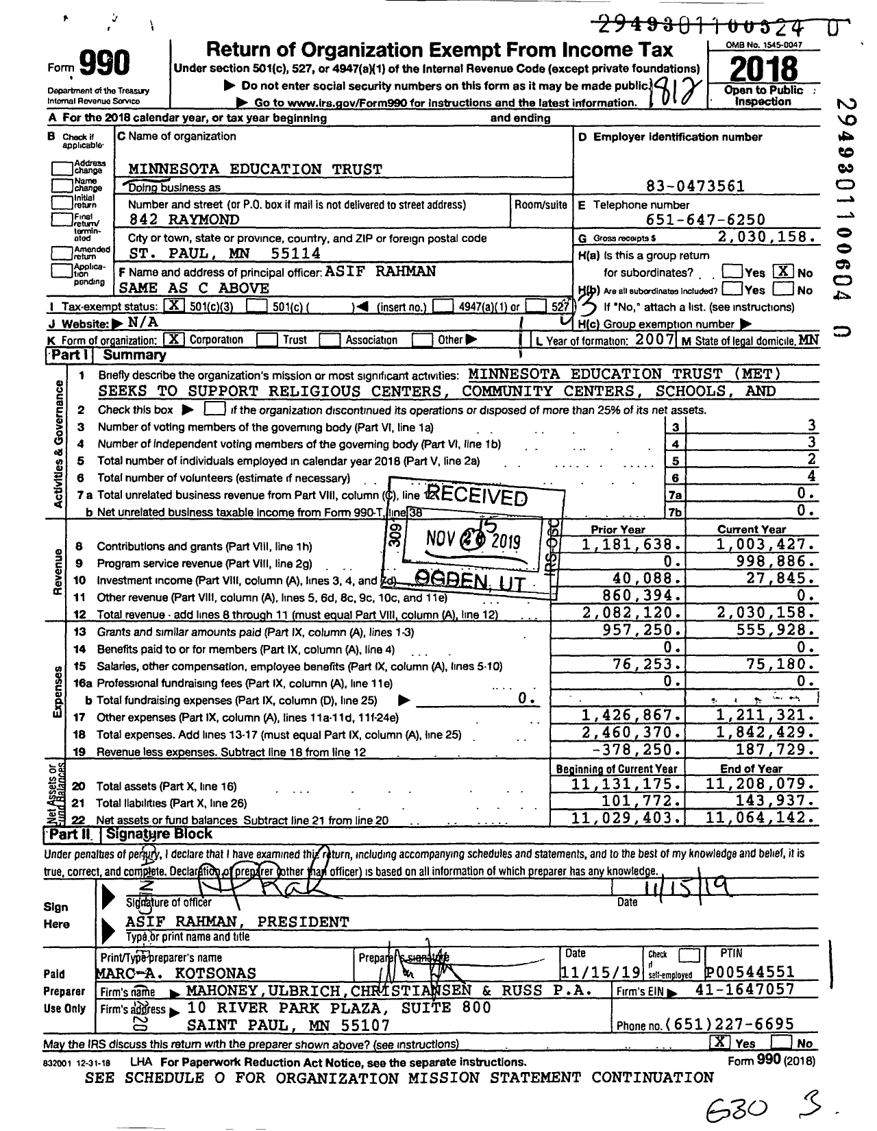 Image of first page of 2018 Form 990 for Minnesota Education Trust