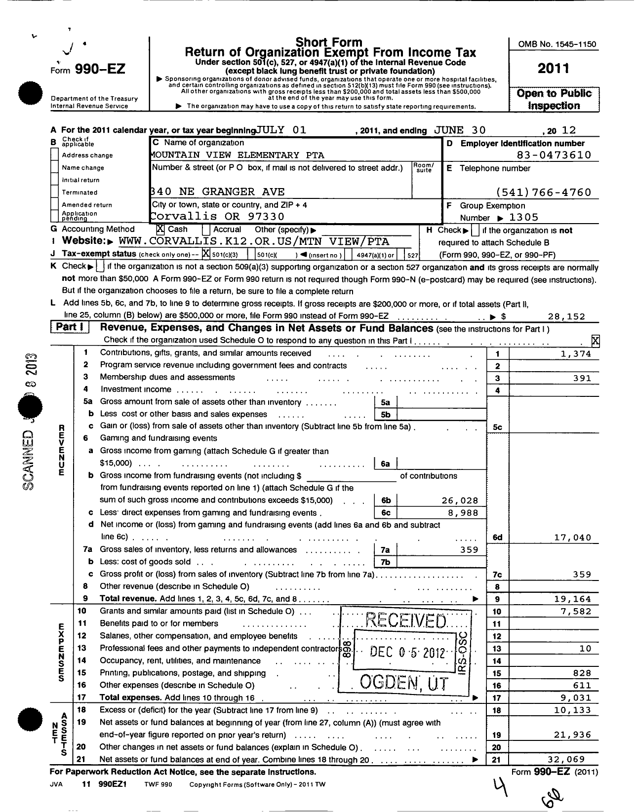 Image of first page of 2011 Form 990EZ for PTA Oregon Congress / Mountain View Elem PTA