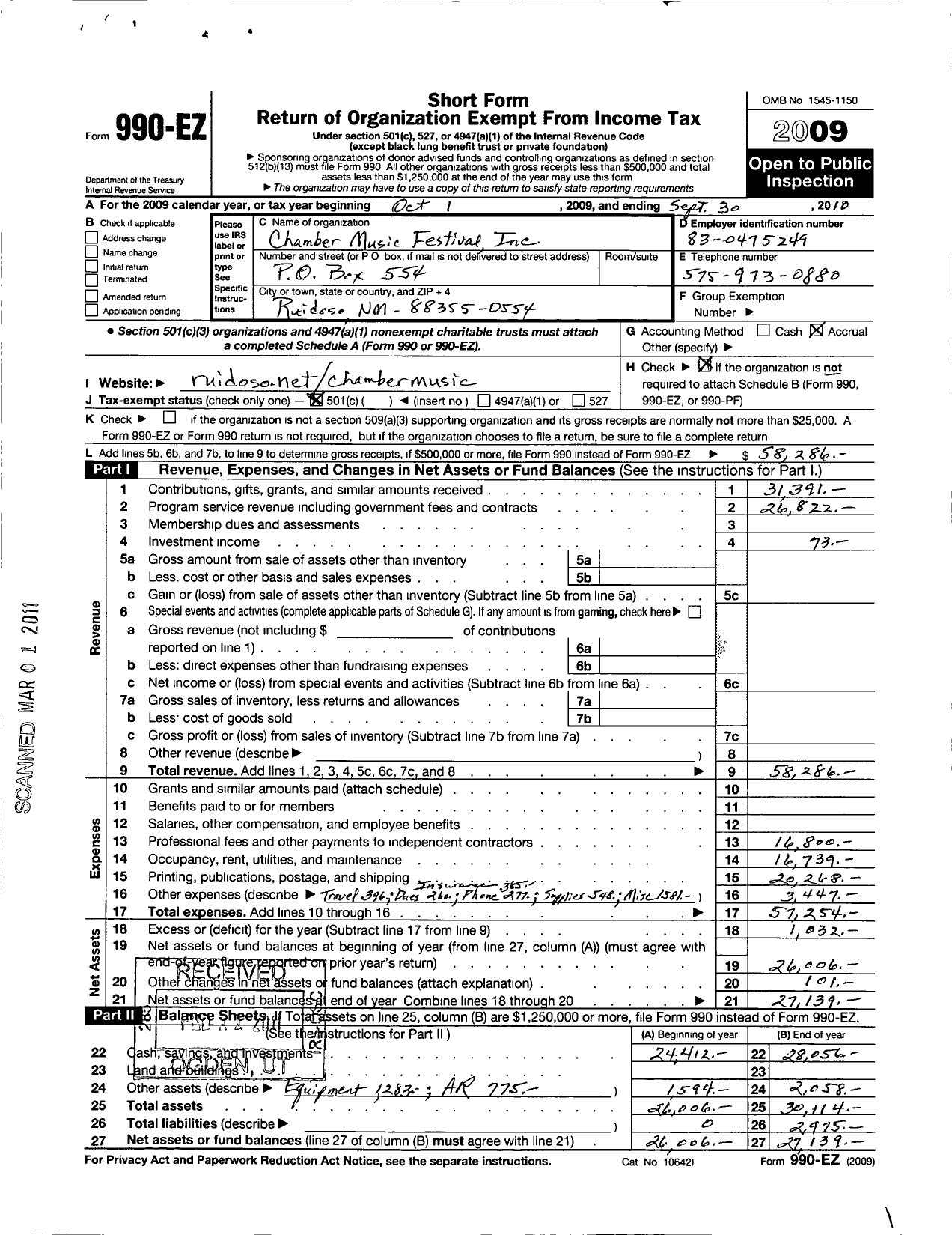 Image of first page of 2009 Form 990EO for Mountain Entertainment Group for the Arts