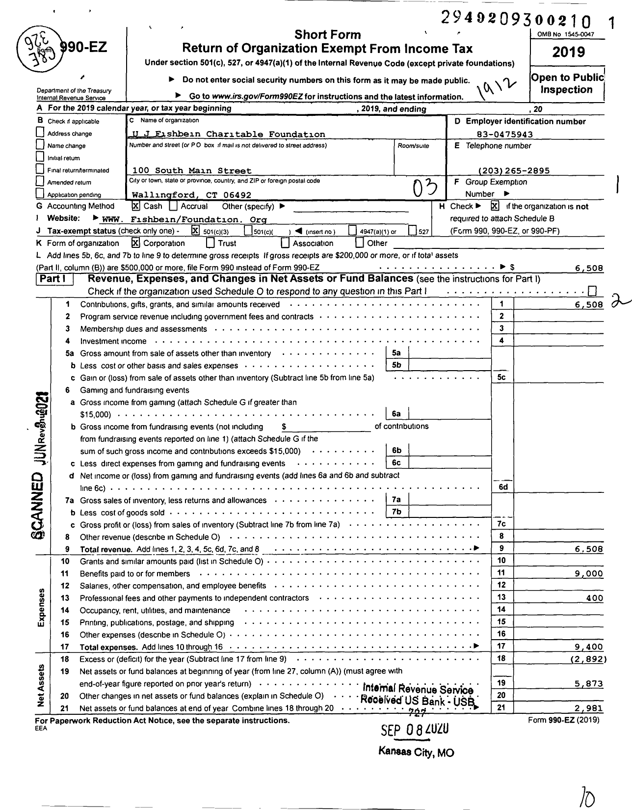 Image of first page of 2019 Form 990EZ for U&J Fishbein Charitable Foundation