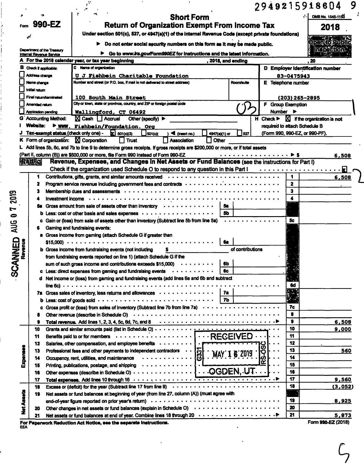 Image of first page of 2018 Form 990EZ for U&J Fishbein Charitable Foundation