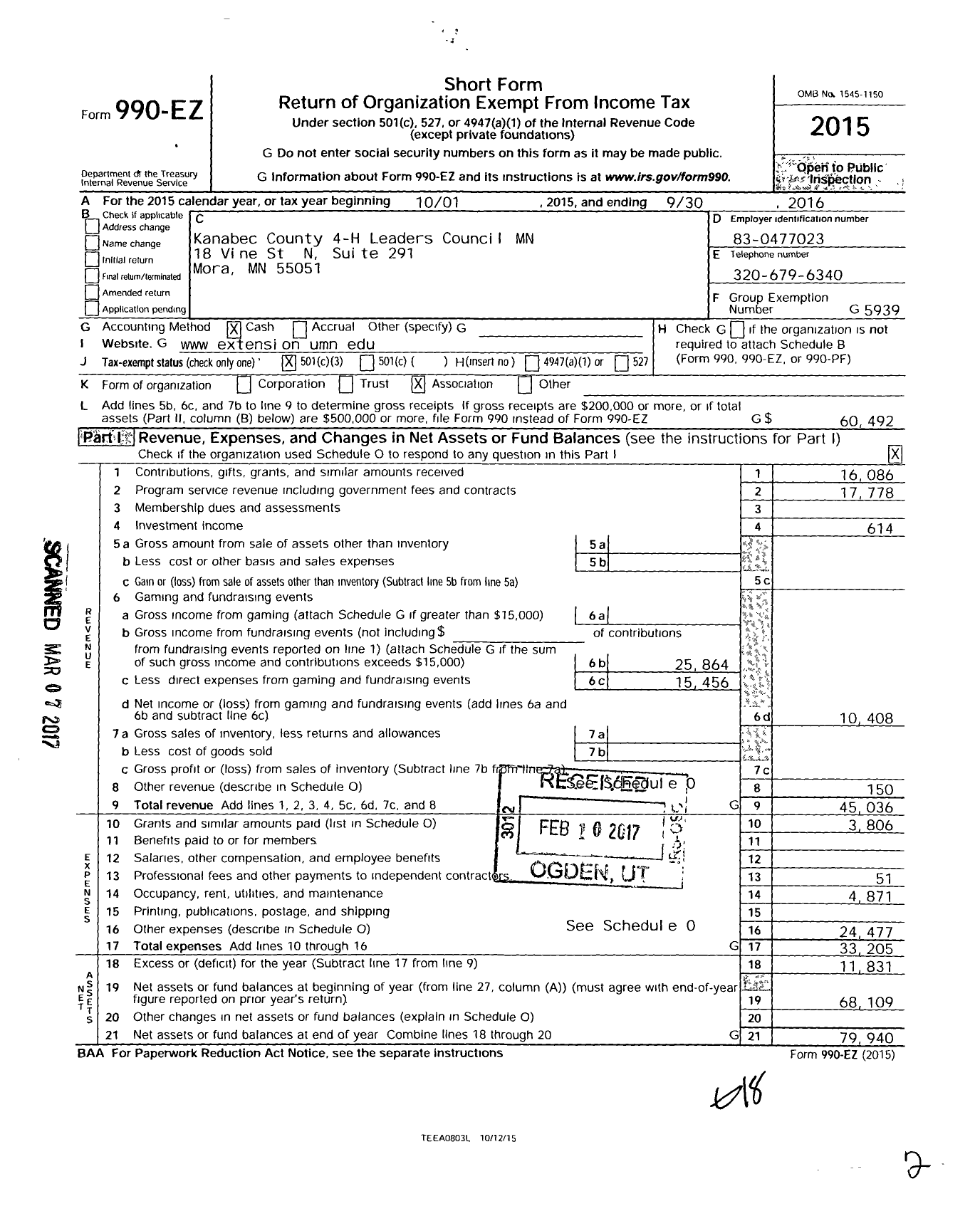 Image of first page of 2015 Form 990EZ for Kanabec County 4-H Leaders Council MN