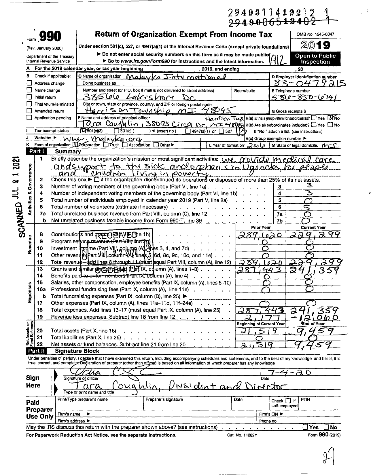 Image of first page of 2019 Form 990 for Malayka International