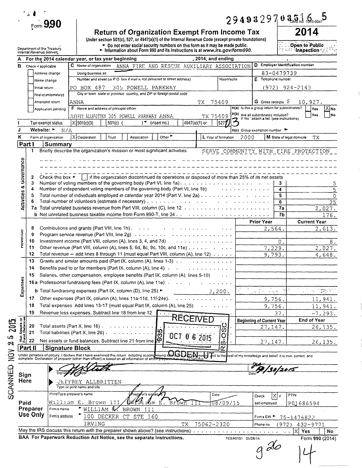 Image of first page of 2014 Form 990 for Anna Fire and Rescue Auxiliary Association