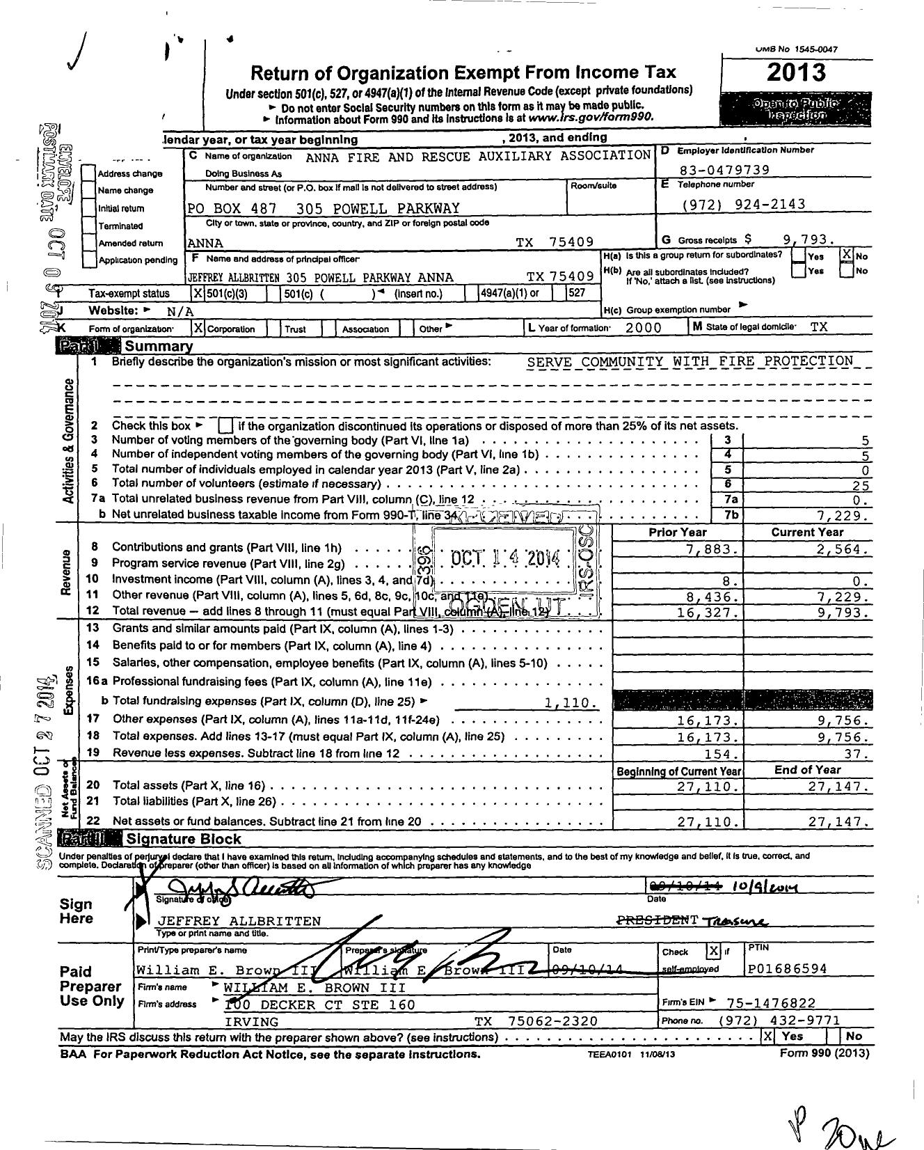 Image of first page of 2013 Form 990 for Anna Fire and Rescue Auxiliary Association