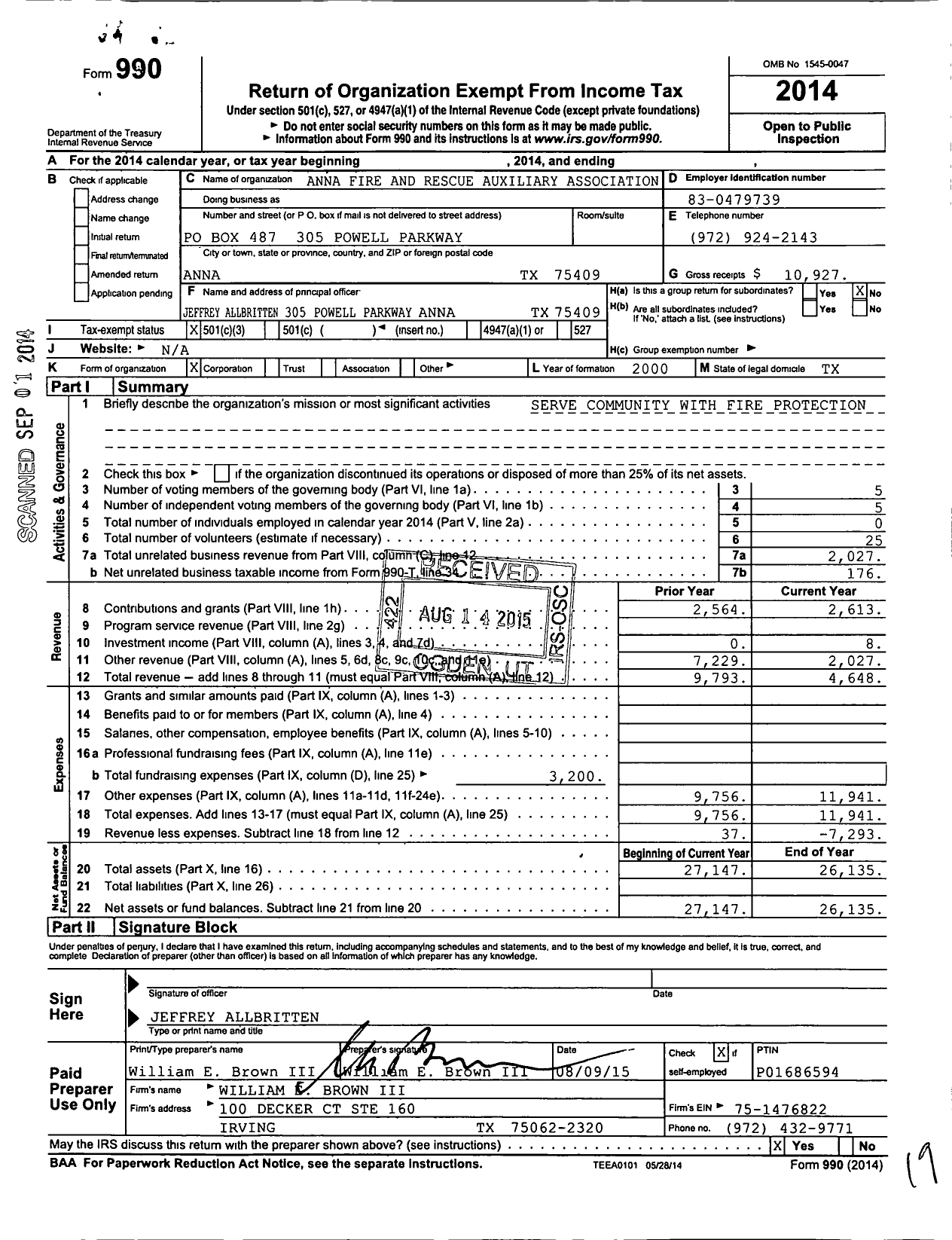 Image of first page of 2014 Form 990 for Anna Fire and Rescue Auxiliary Association