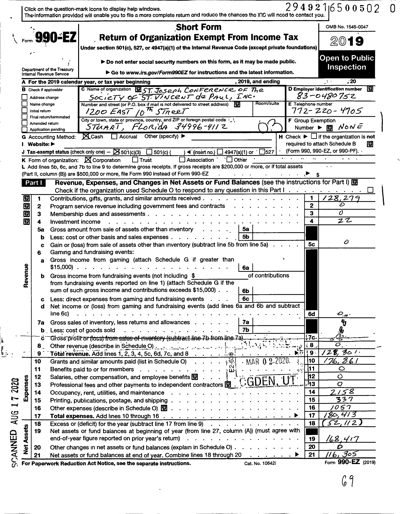 Image of first page of 2019 Form 990EZ for St Joseph Conference of the Society of St Vincent de Paul