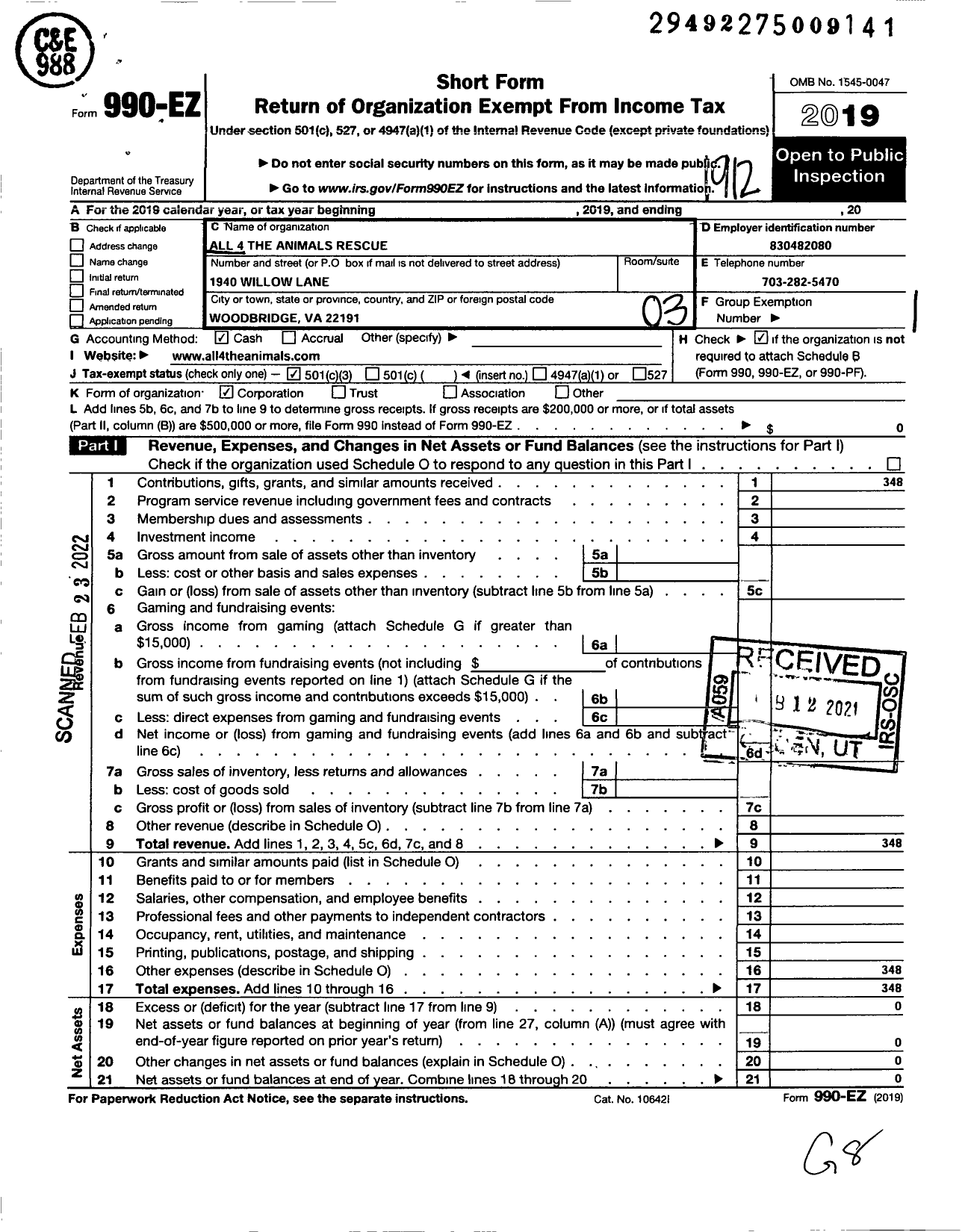 Image of first page of 2019 Form 990EZ for All 4 the Animals Rescue