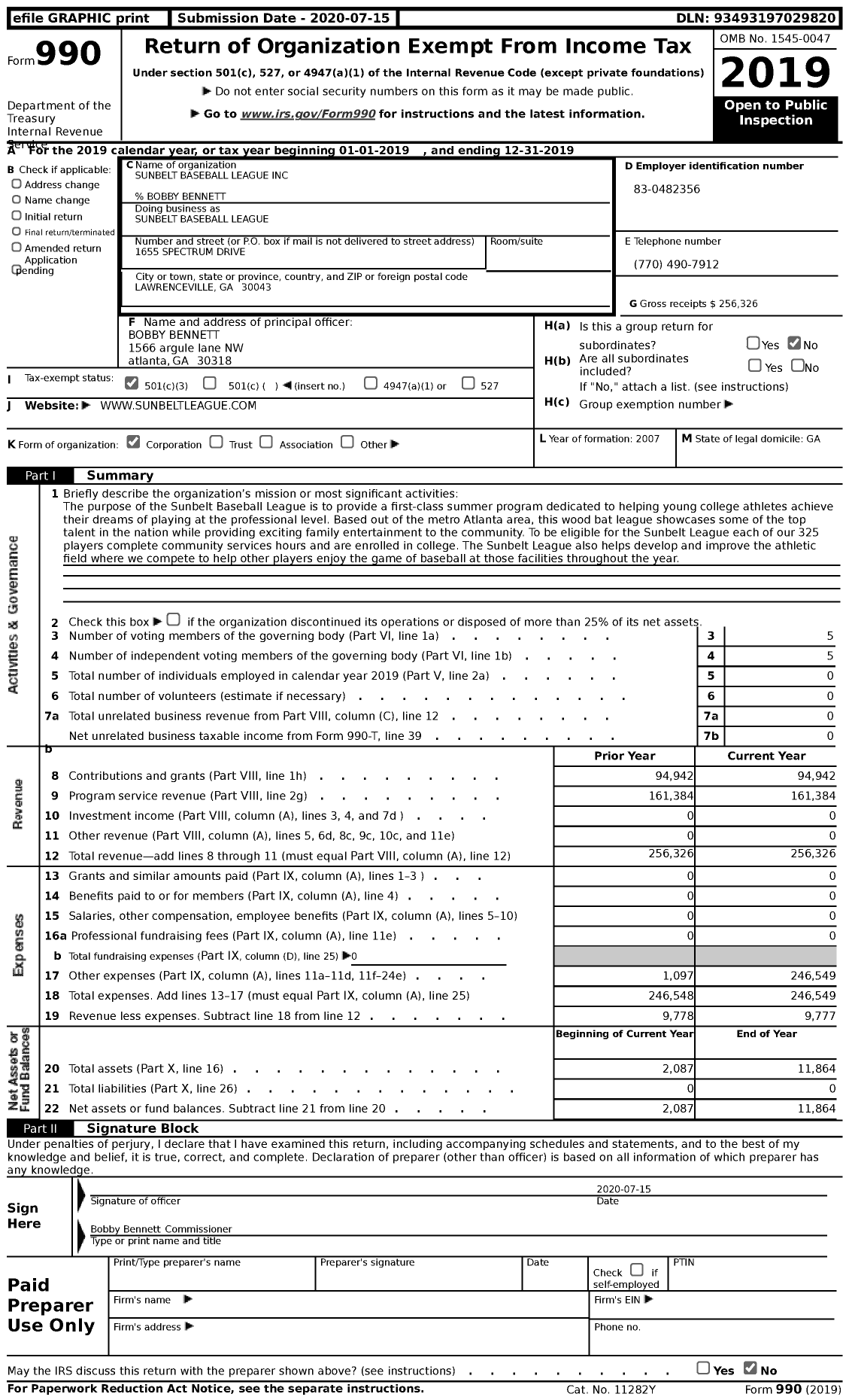 Image of first page of 2019 Form 990 for Sunbelt Baseball League