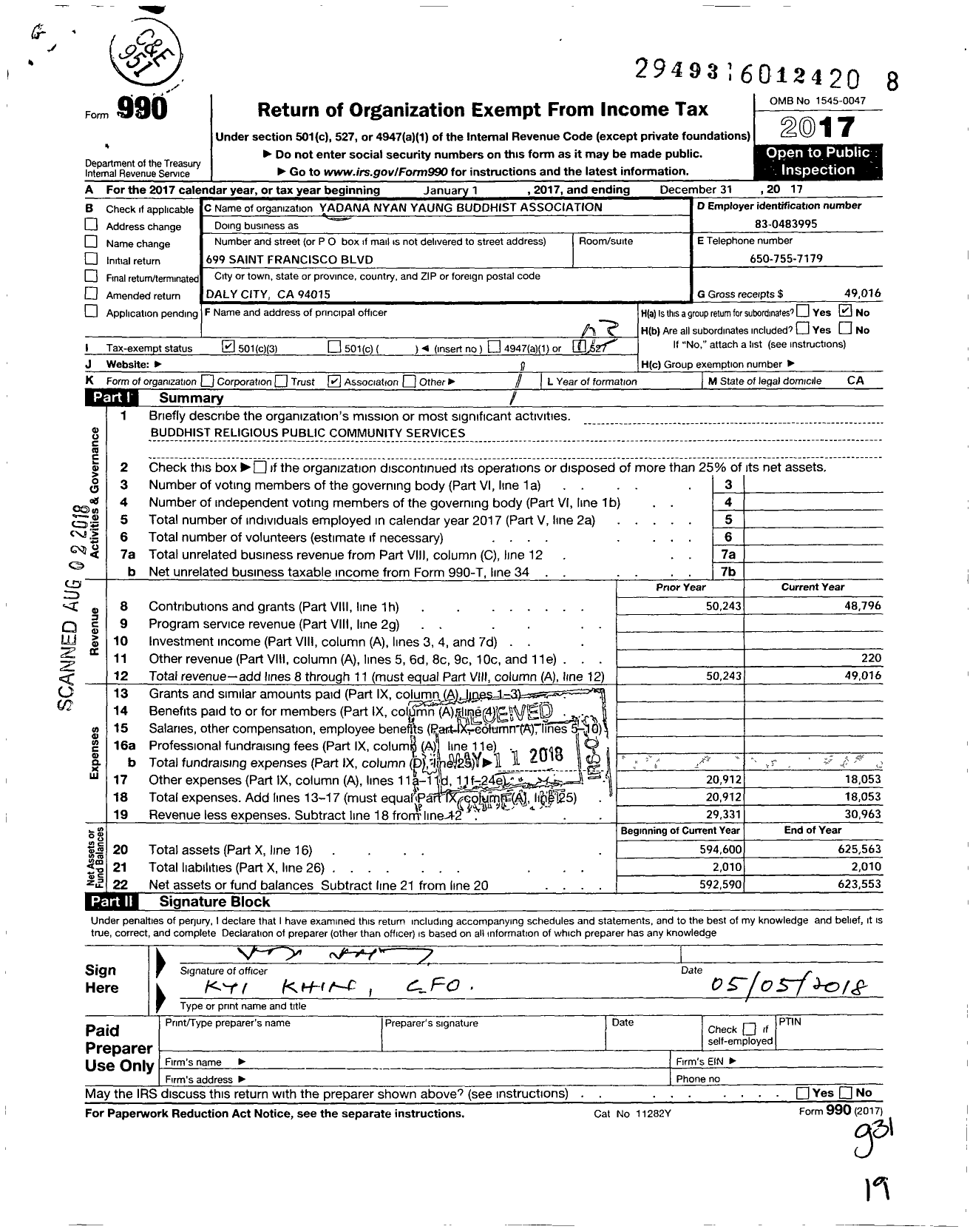 Image of first page of 2017 Form 990 for Yadanar Nyan Yang Buddhist Association