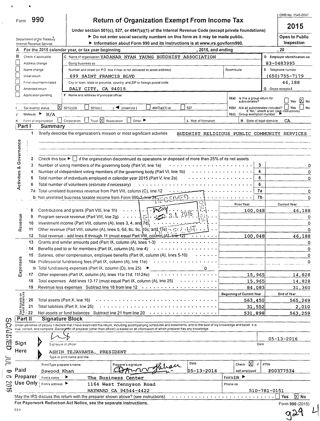 Image of first page of 2015 Form 990 for Yadanar Nyan Yang Buddhist Association