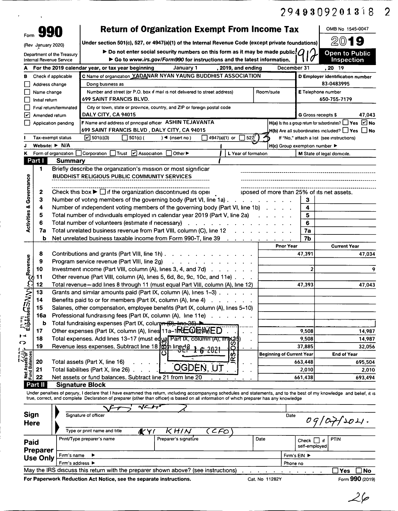 Image of first page of 2019 Form 990 for Yadanar Nyan Yang Buddhist Association