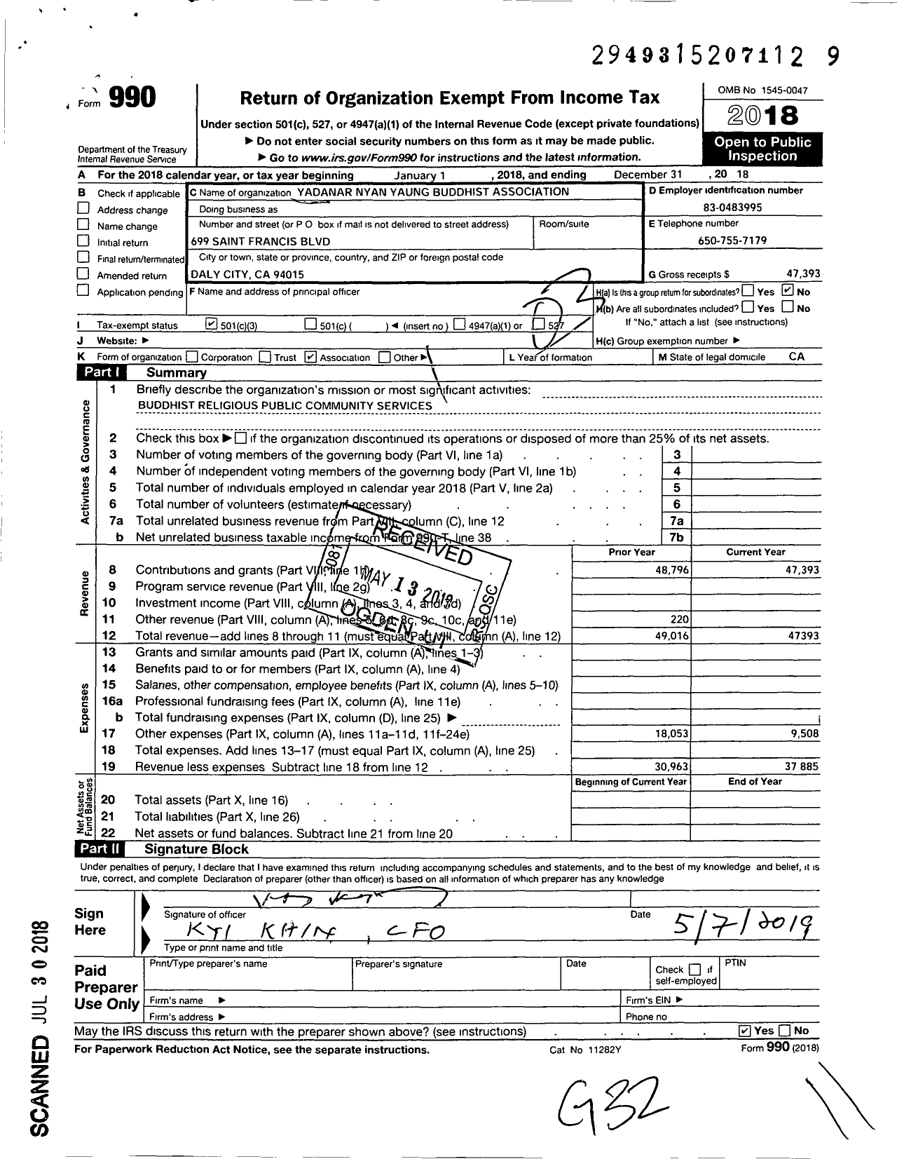 Image of first page of 2018 Form 990 for Yadanar Nyan Yang Buddhist Association