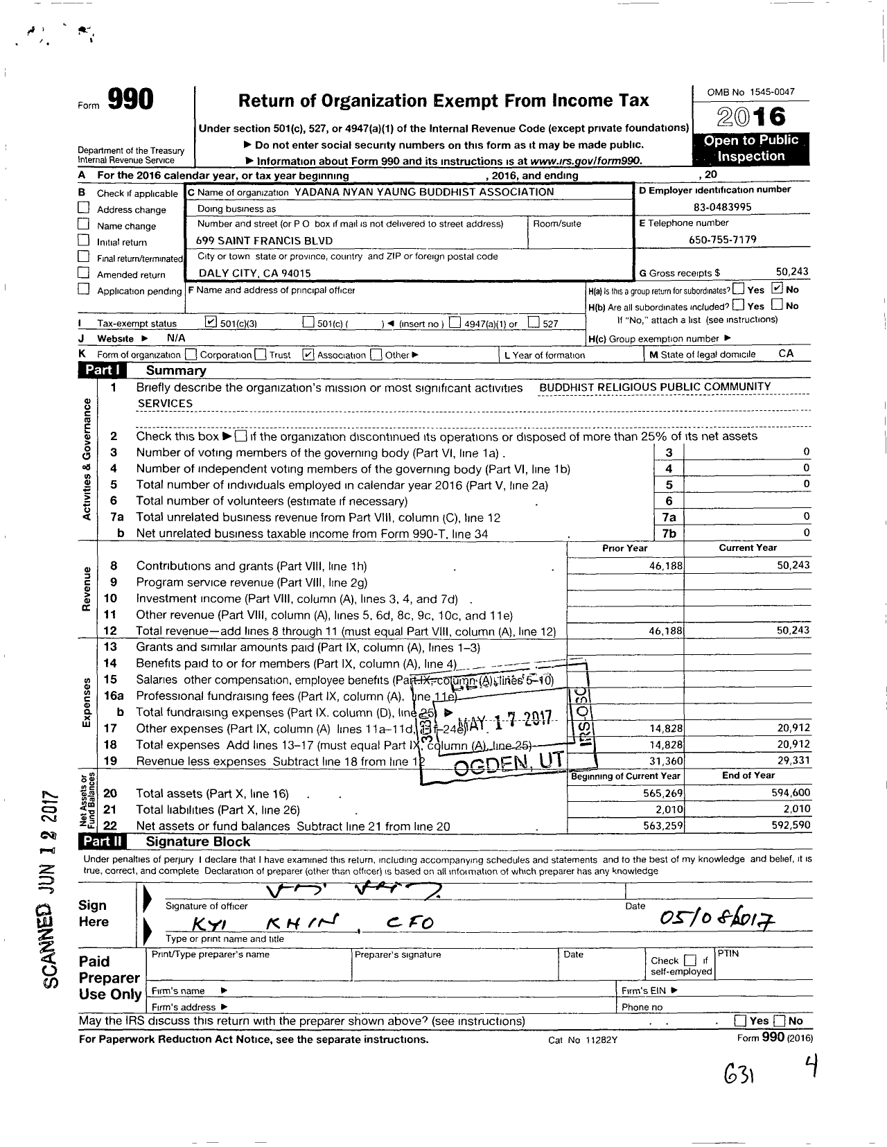 Image of first page of 2016 Form 990 for Yadanar Nyan Yang Buddhist Association