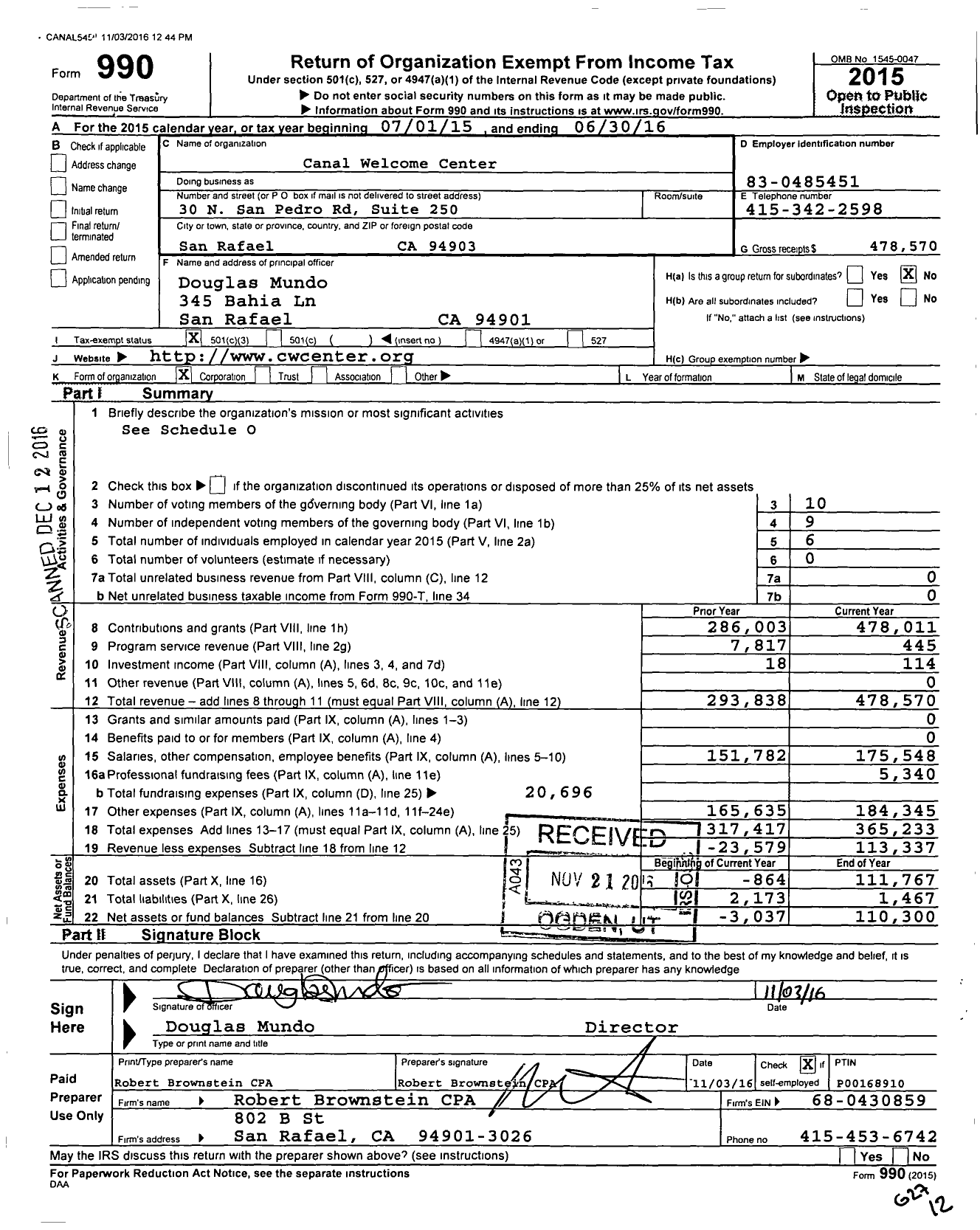Image of first page of 2015 Form 990 for The Multicultural Center of Marin