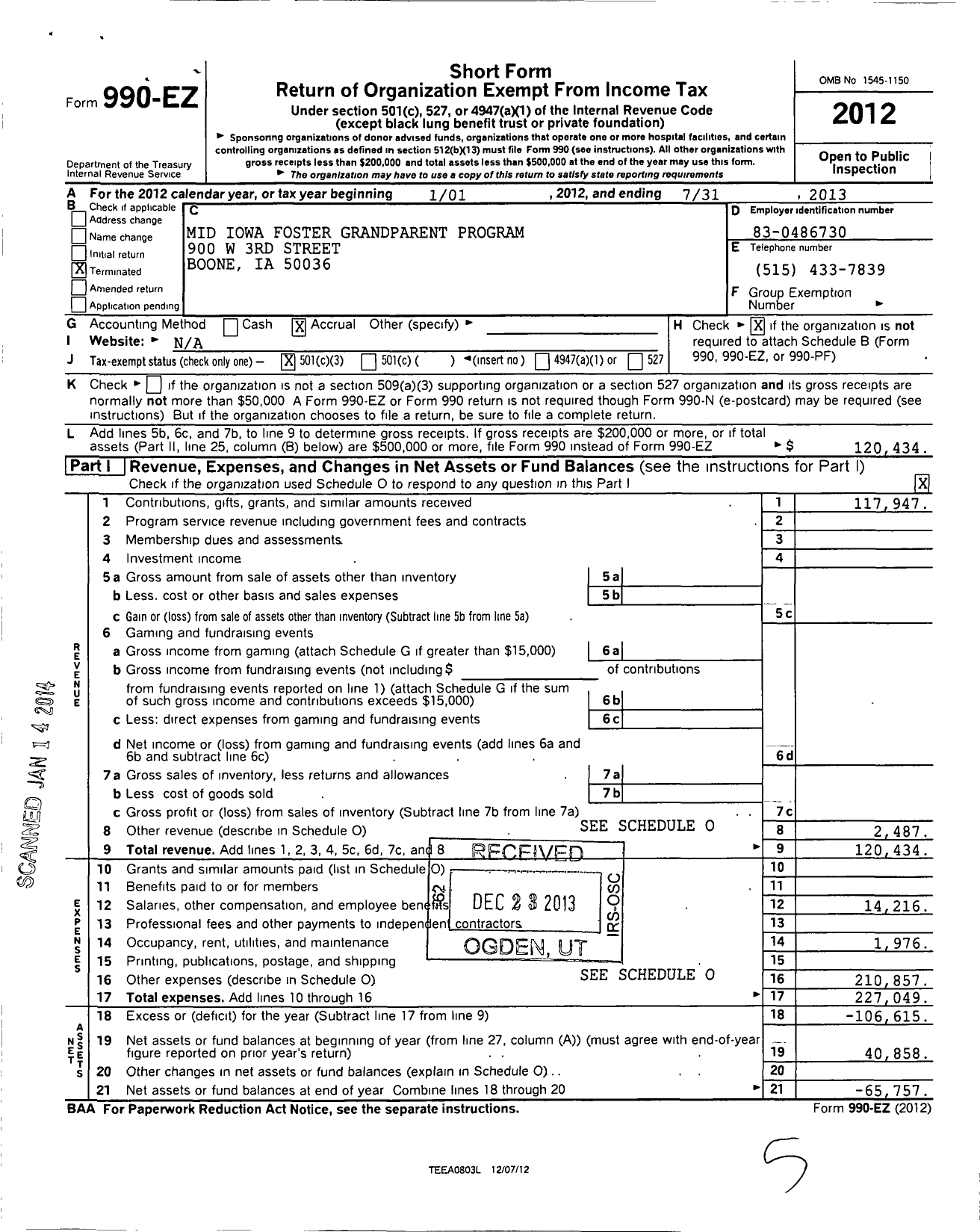 Image of first page of 2012 Form 990EZ for Mid Iowa Foster Grandparent Program