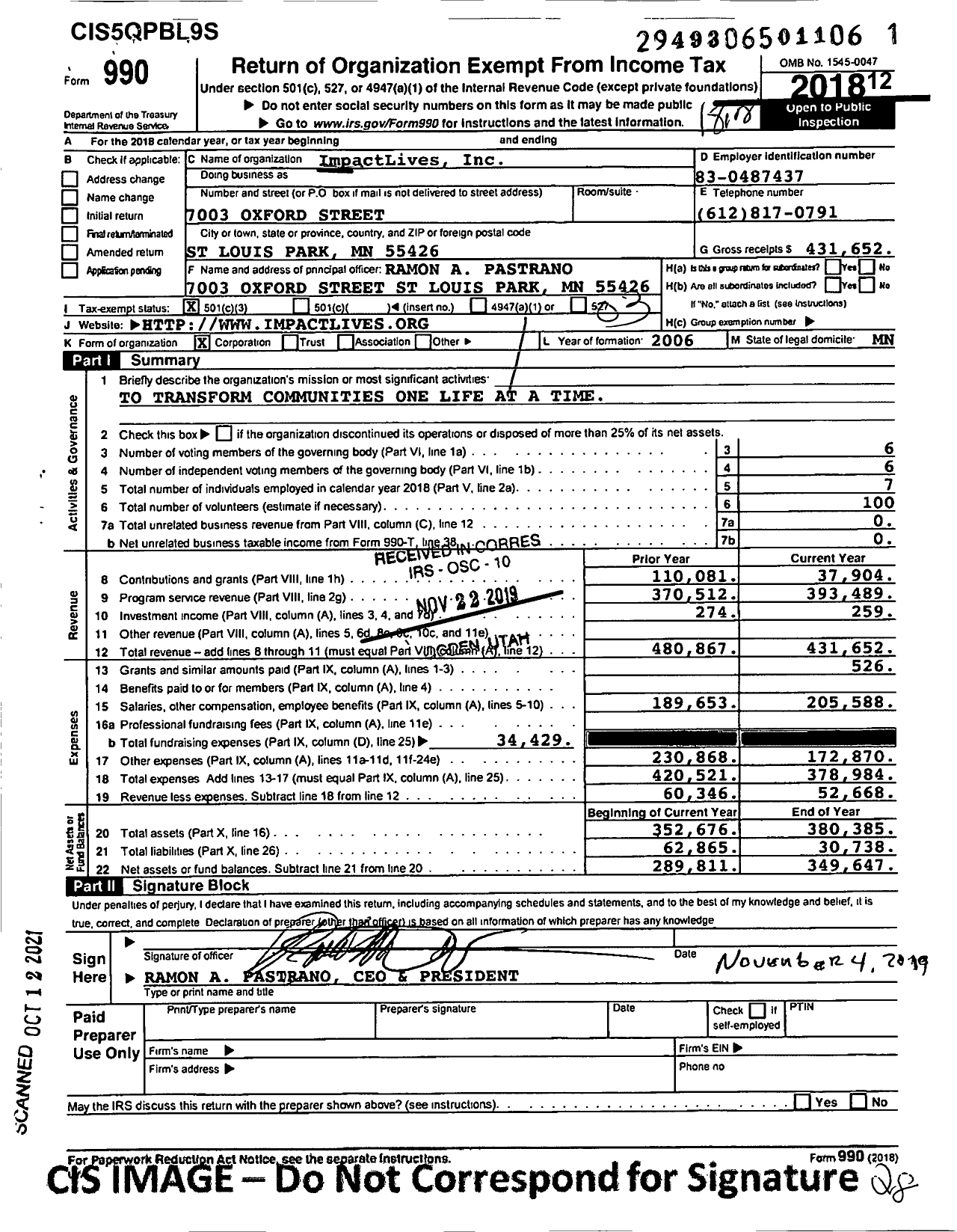 Image of first page of 2018 Form 990 for ImpactLives
