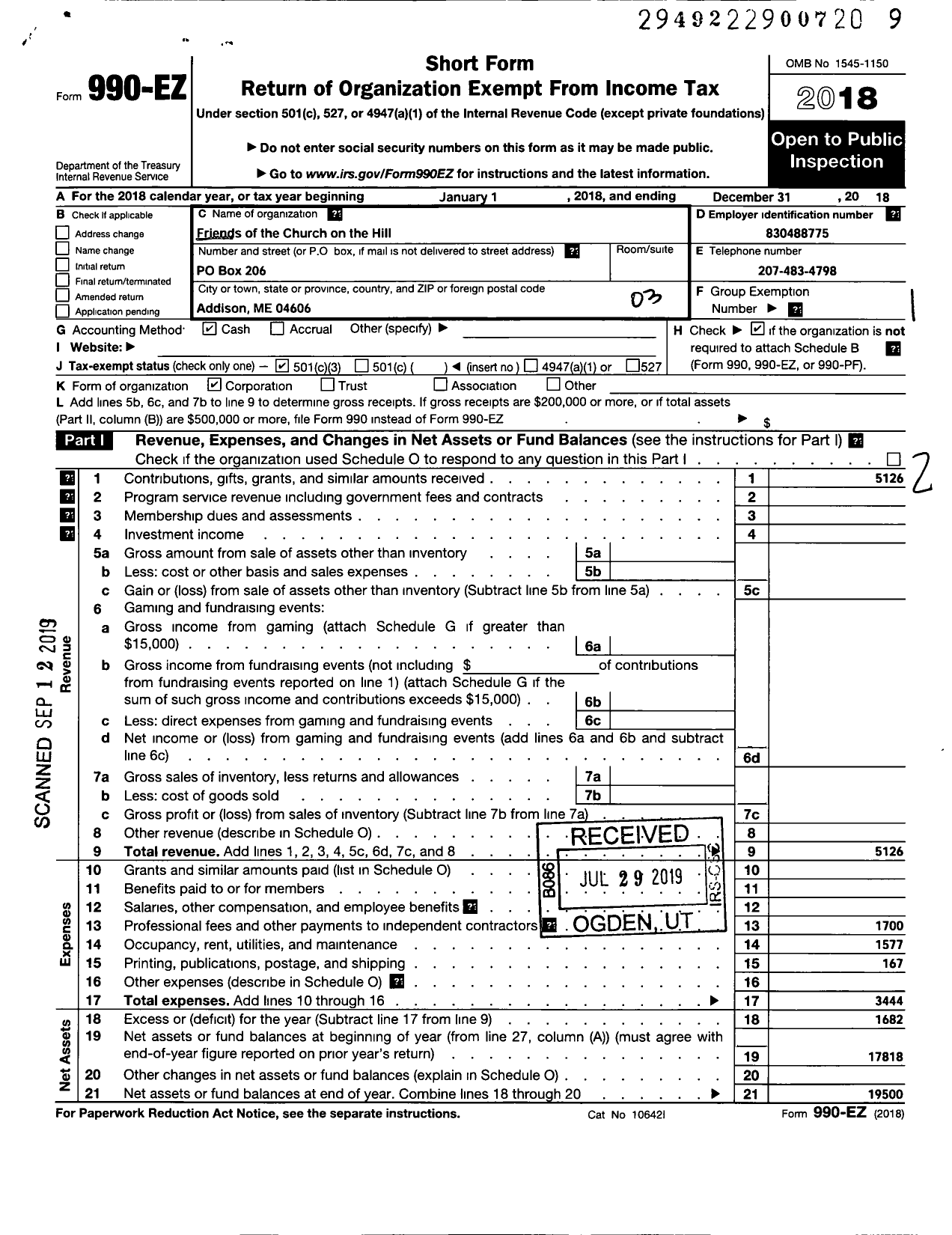 Image of first page of 2018 Form 990EZ for Friends of the Church on the Hill