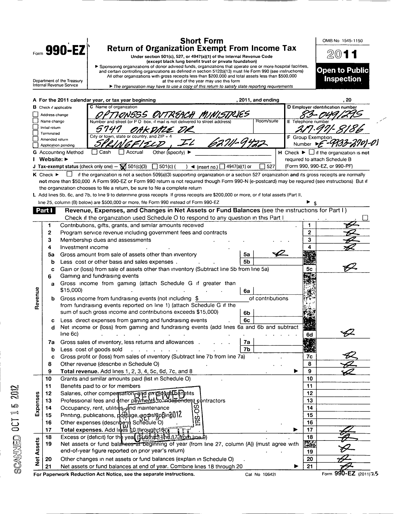 Image of first page of 2011 Form 990EZ for Optionsss Outreach Ministries