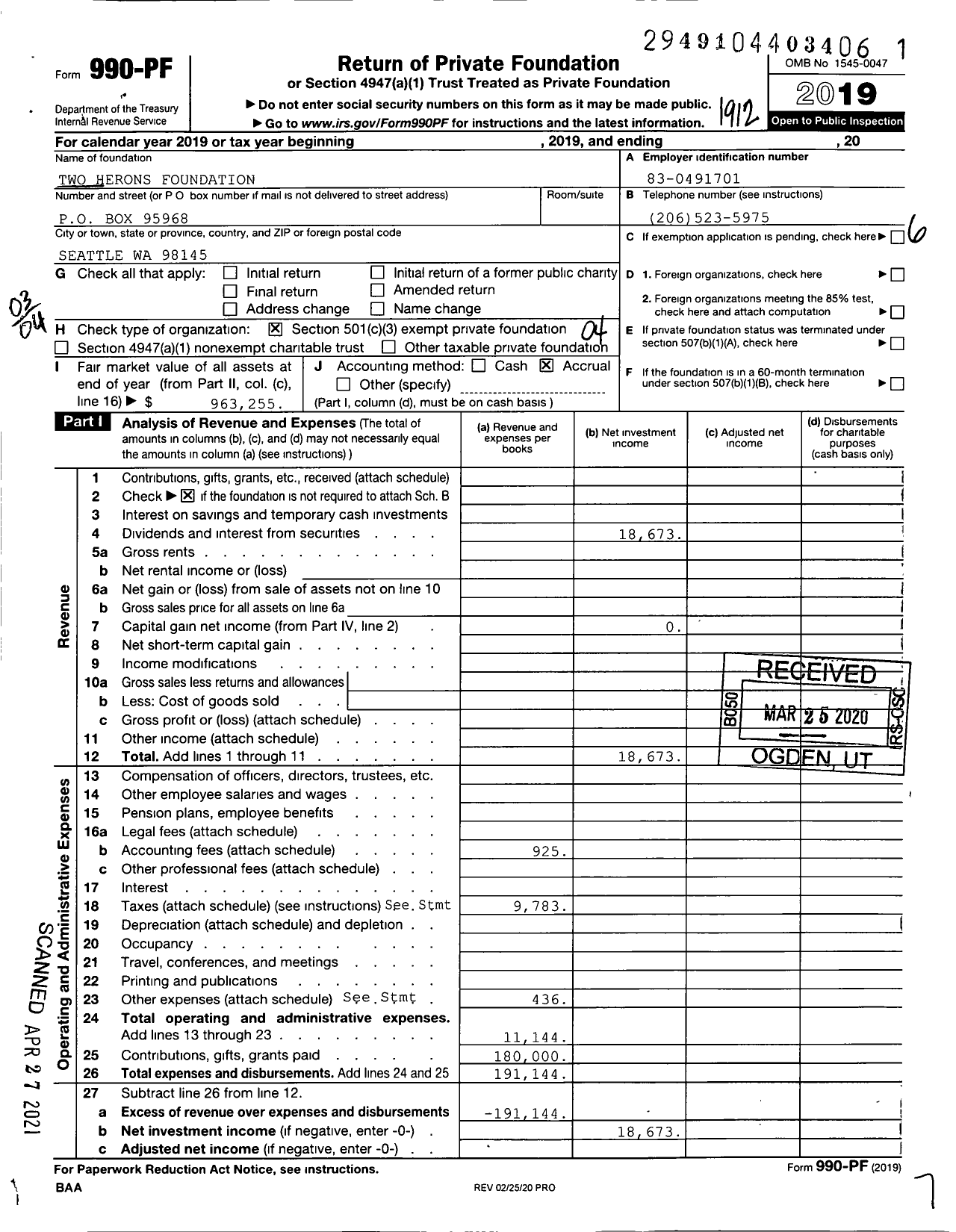Image of first page of 2019 Form 990PF for Two Herons Foundation