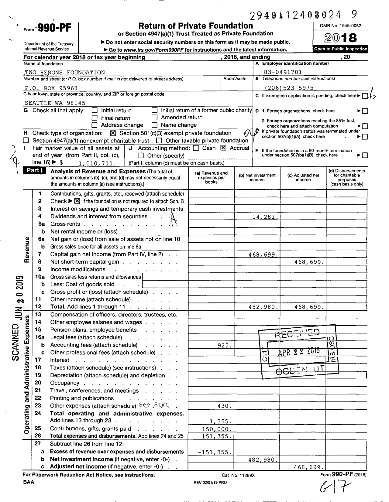 Image of first page of 2018 Form 990PF for Two Herons Foundation