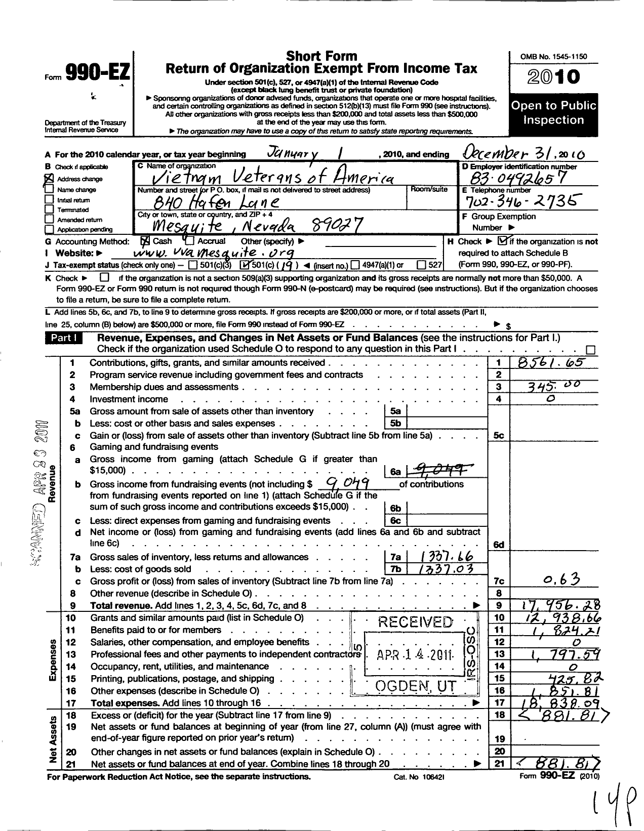 Image of first page of 2010 Form 990EO for Vietnam Veterans of America / 993 Chapter