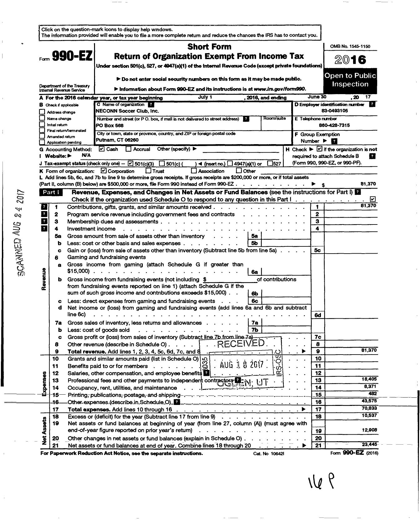 Image of first page of 2016 Form 990EZ for Neconn Soccer Club