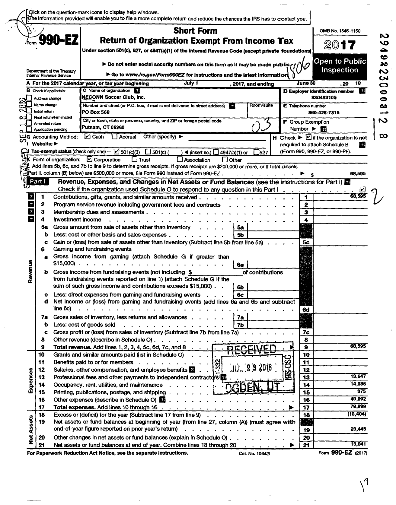 Image of first page of 2017 Form 990EZ for Neconn Soccer Club