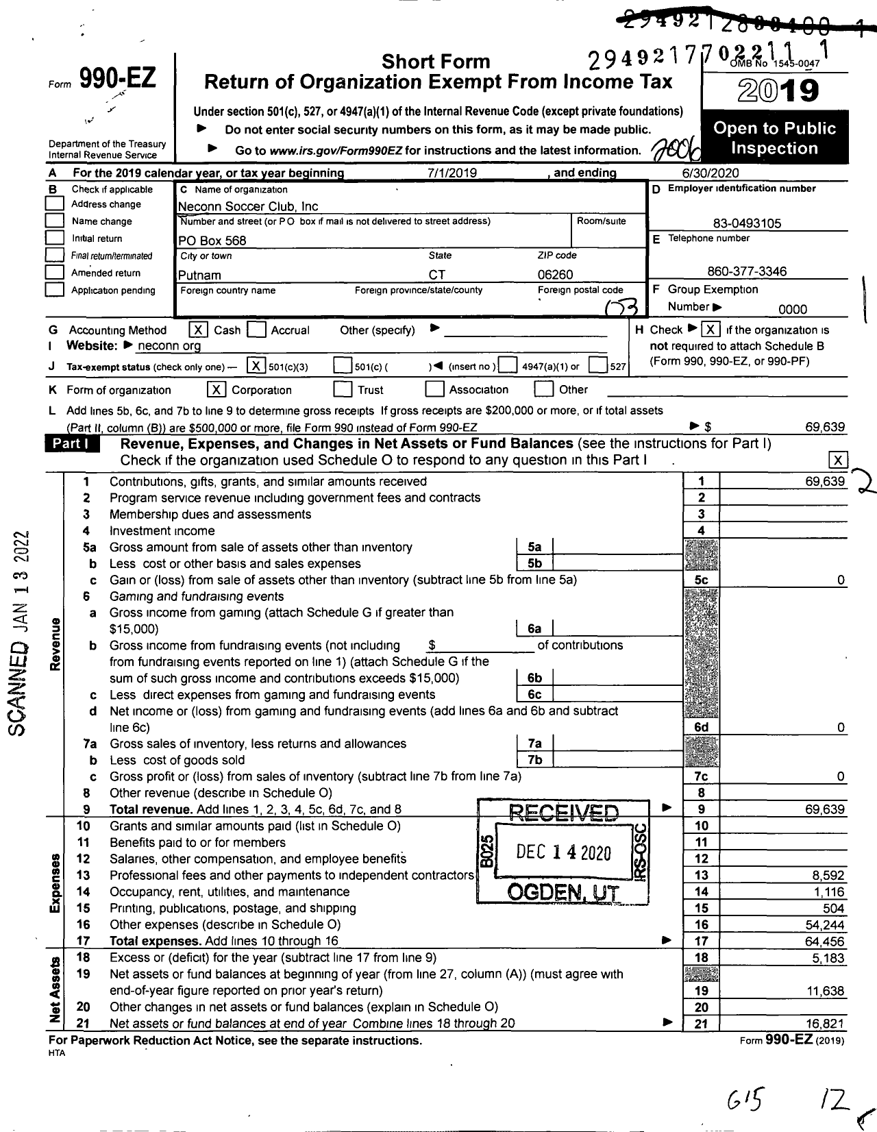 Image of first page of 2019 Form 990EZ for Neconn Soccer Club