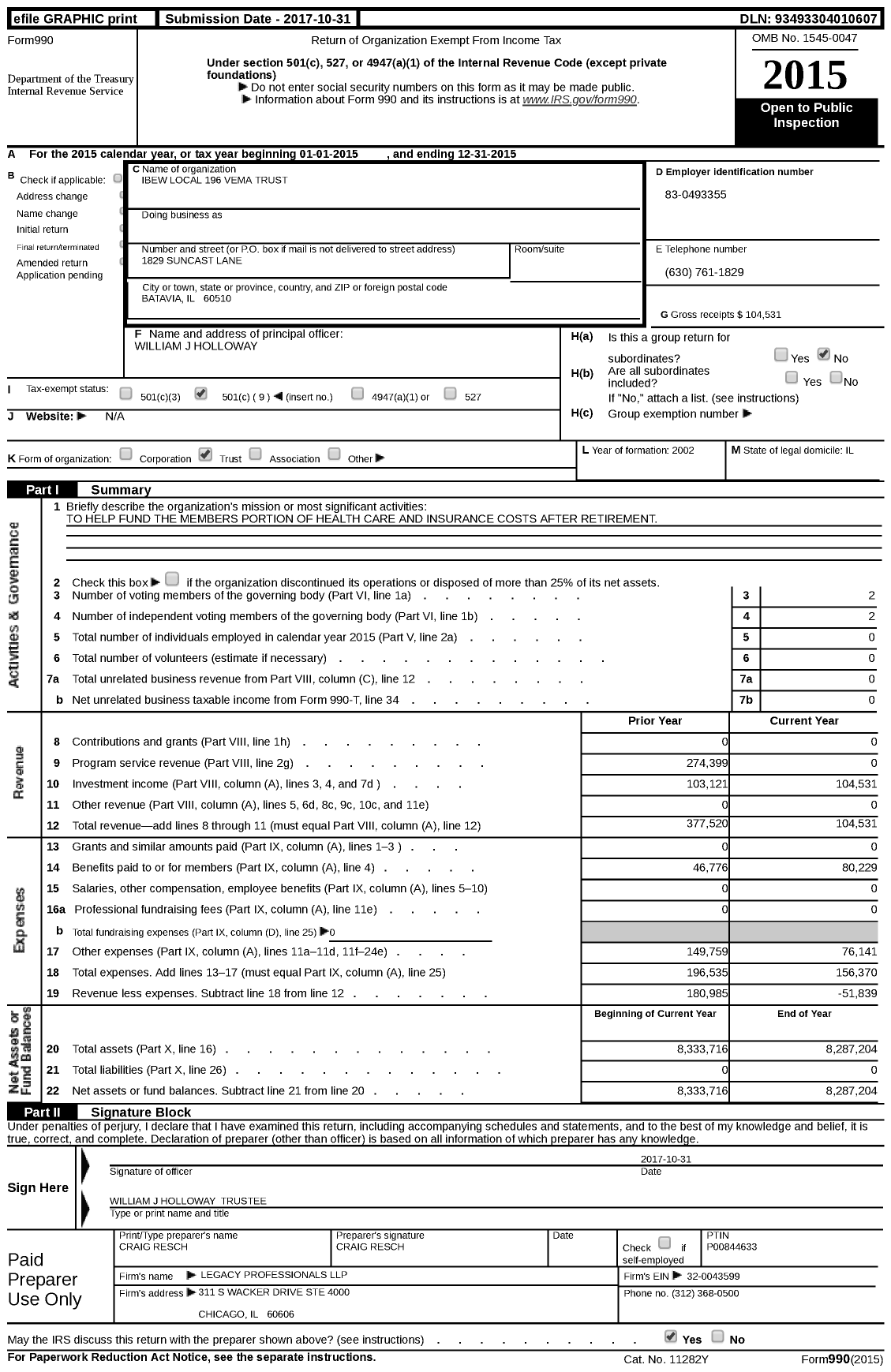 Image of first page of 2015 Form 990 for IBEW Local 196 Vema Trust