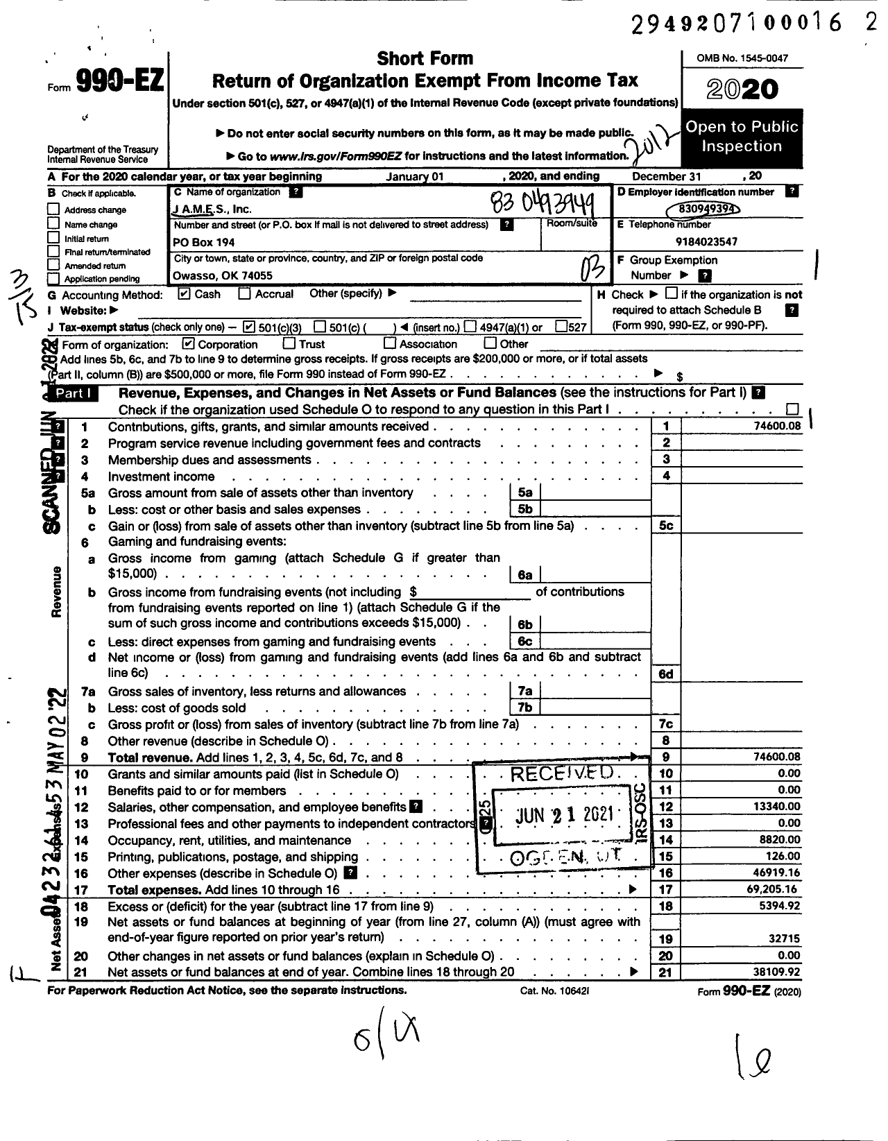 Image of first page of 2020 Form 990EZ for James