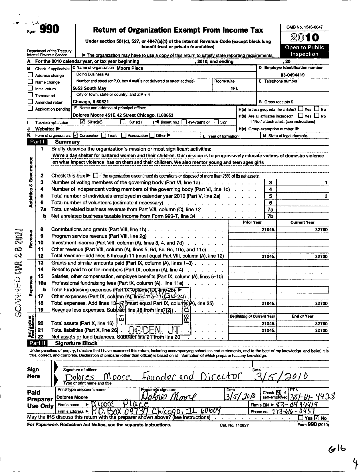 Image of first page of 2010 Form 990 for Moores Place