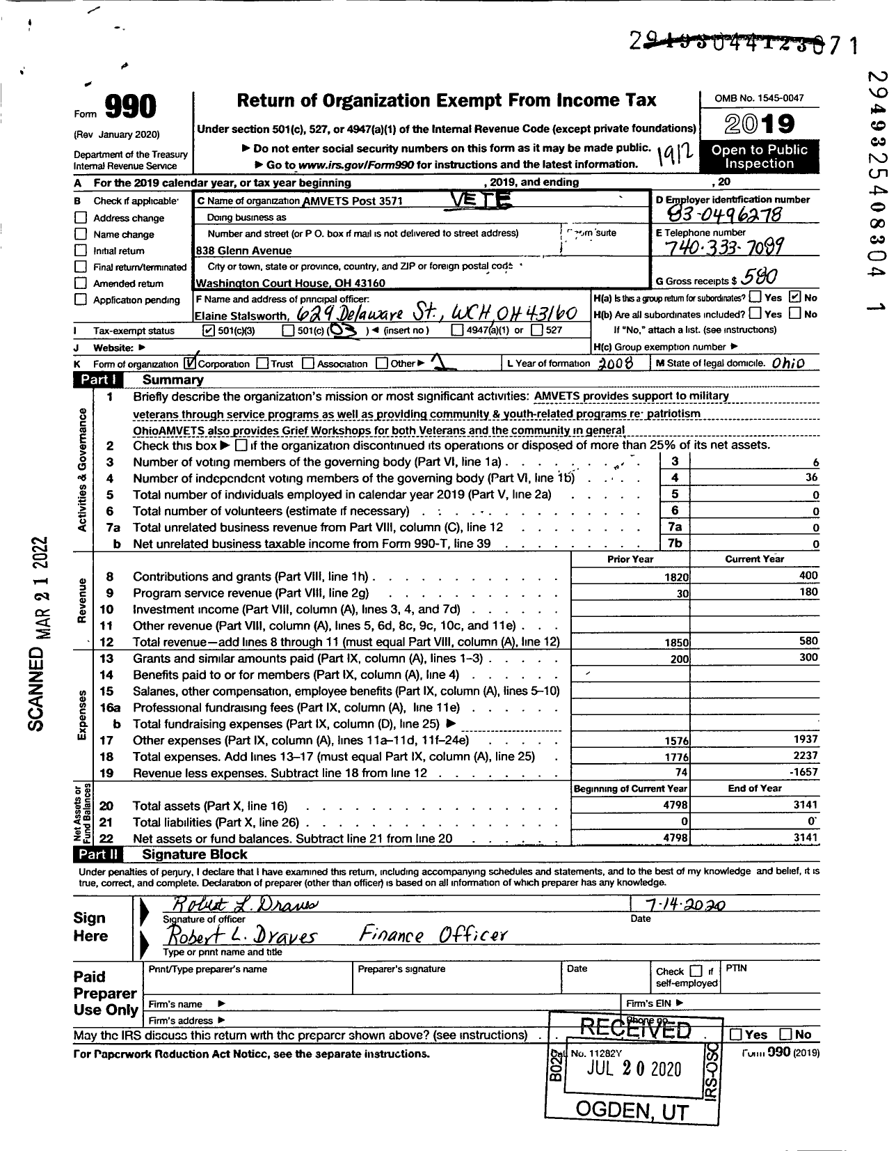 Image of first page of 2019 Form 990 for Amvets - 3571 Oh