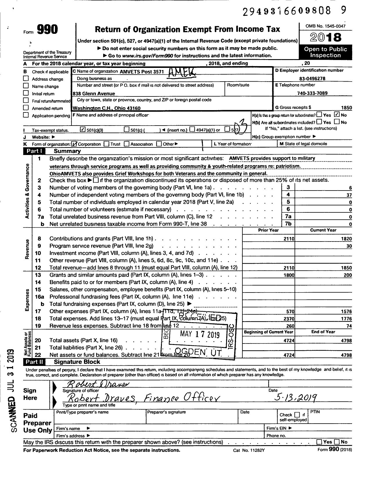 Image of first page of 2018 Form 990 for Amvets - 3571 Oh