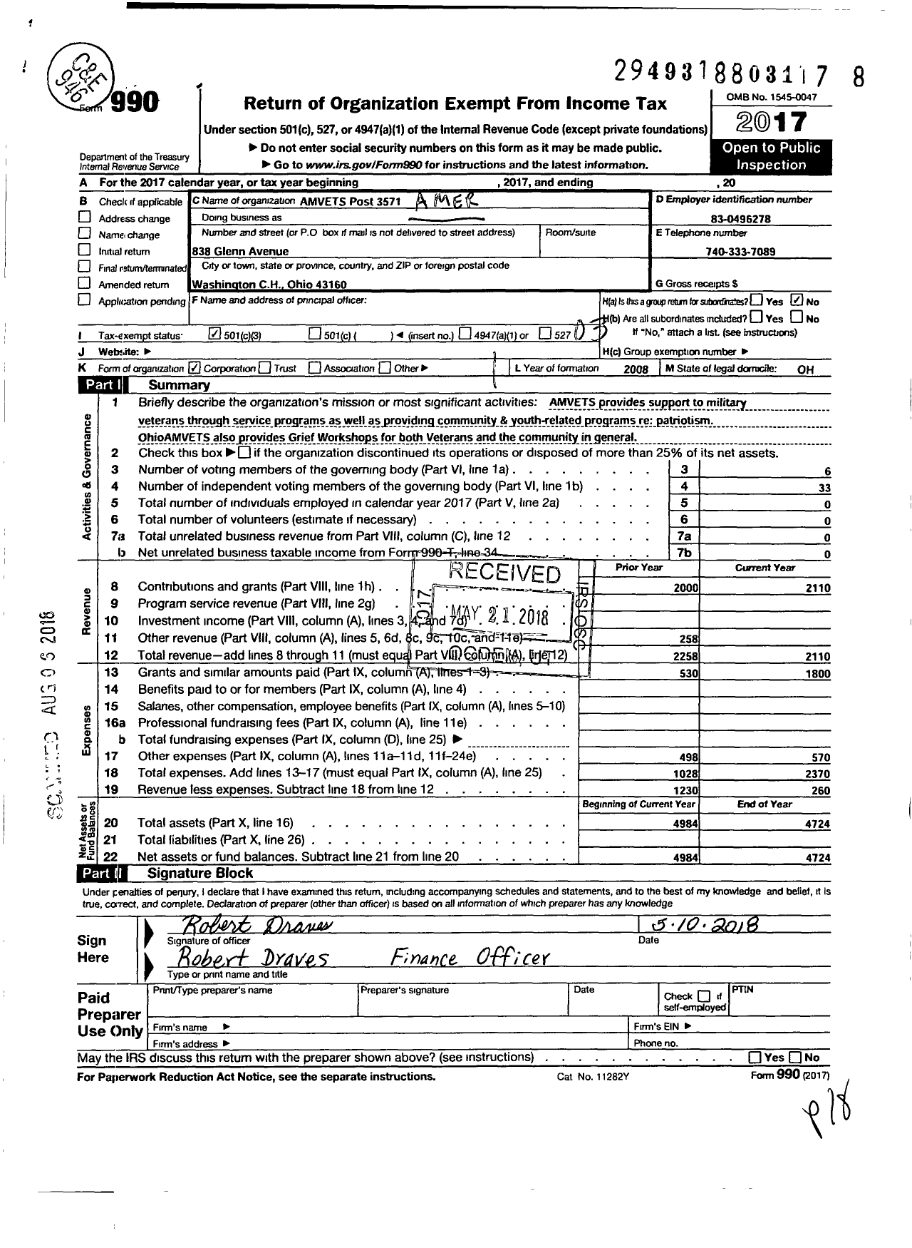 Image of first page of 2017 Form 990 for Amvets - 3571 Oh