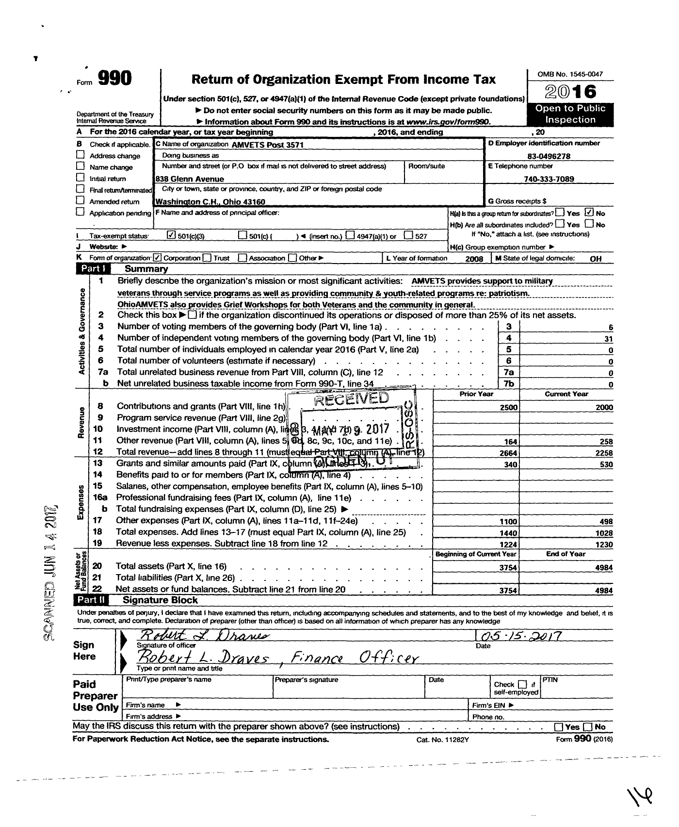 Image of first page of 2016 Form 990 for Amvets - 3571 Oh