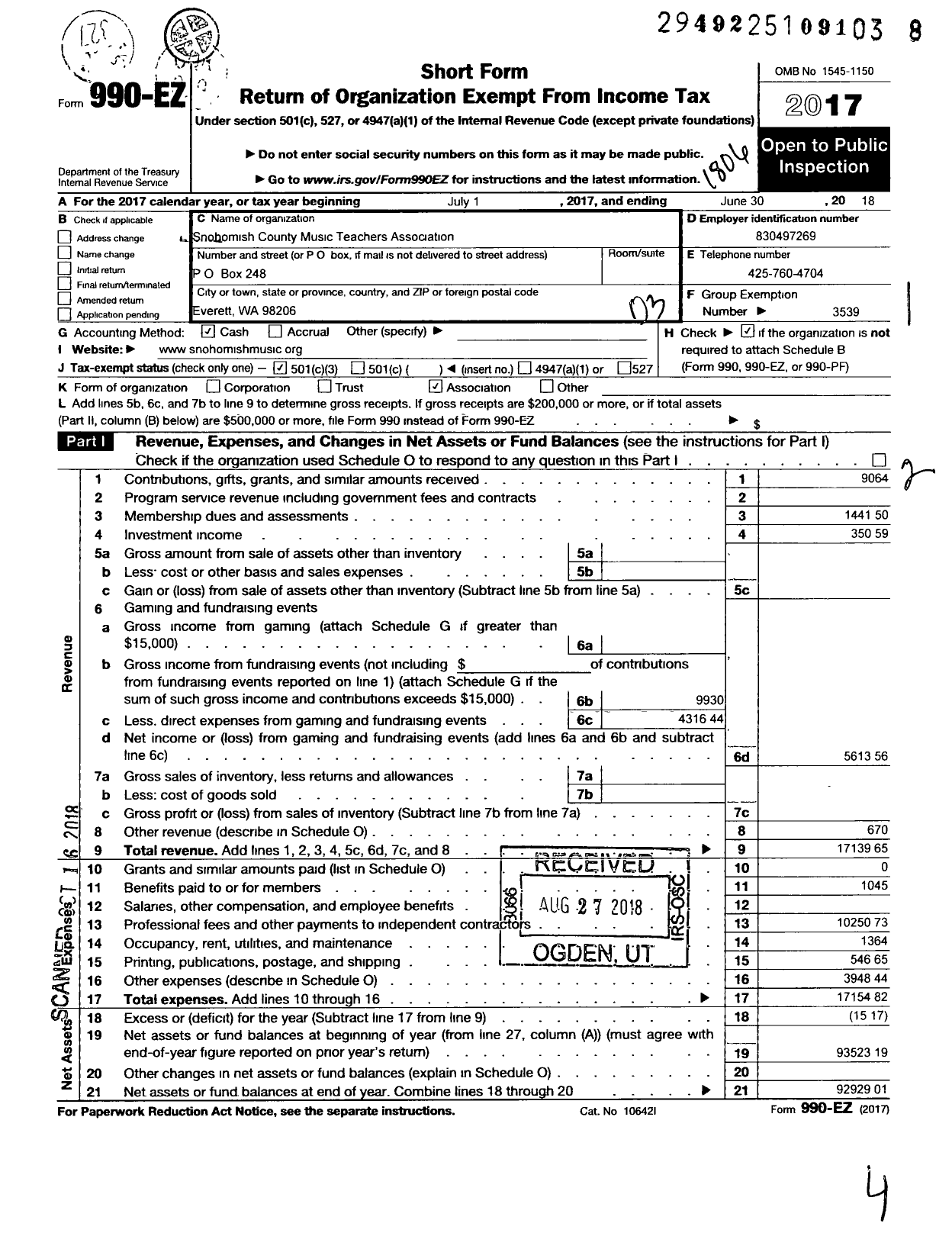 Image of first page of 2017 Form 990EZ for Music Teachers National Association / Snohomish County Mta