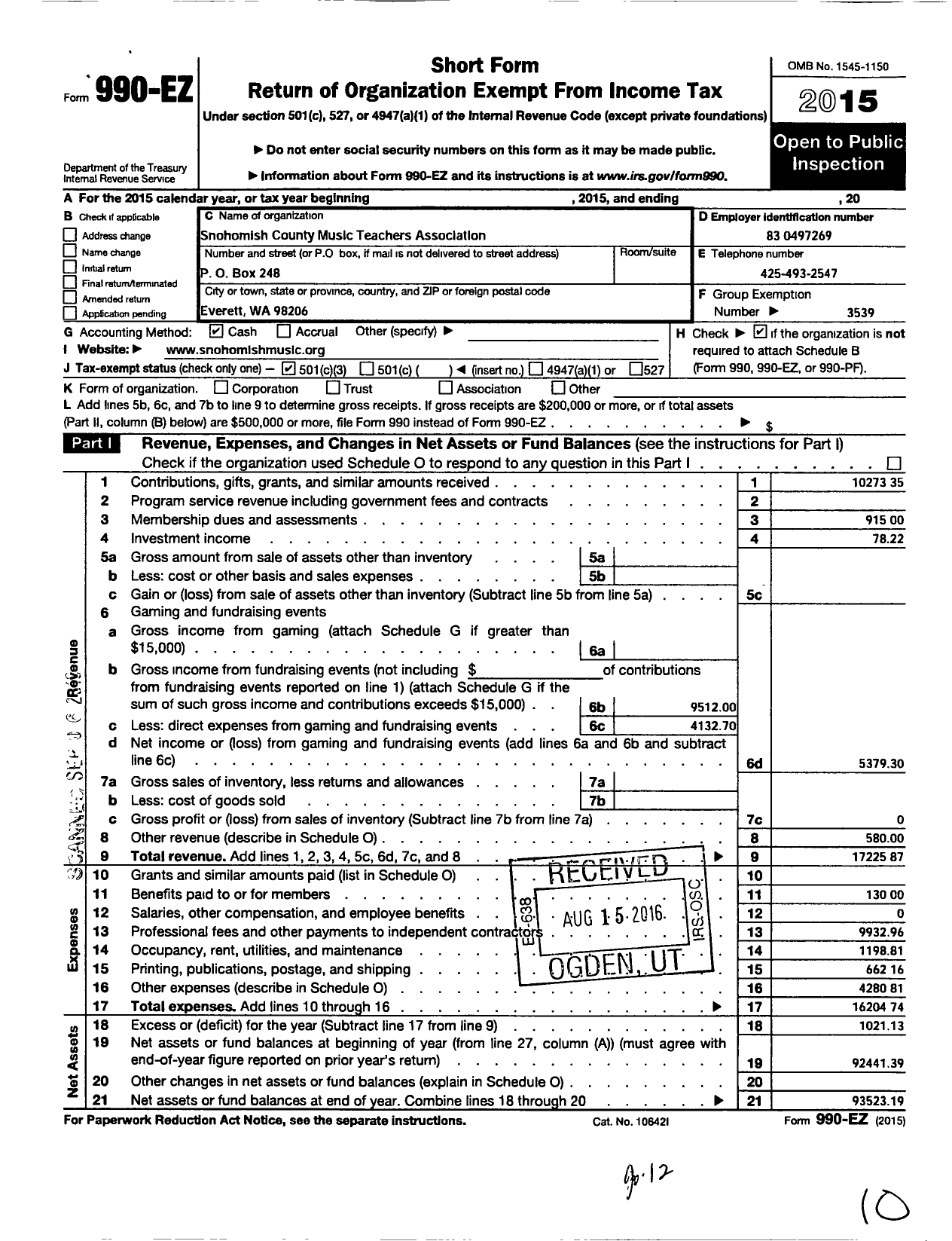 Image of first page of 2015 Form 990EZ for Music Teachers National Association / Snohomish County Mta