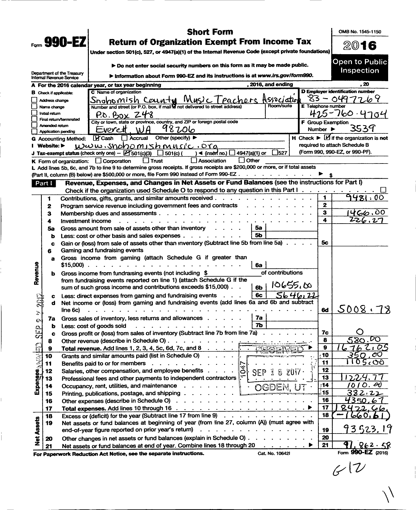 Image of first page of 2016 Form 990EZ for Music Teachers National Association / Snohomish County Mta