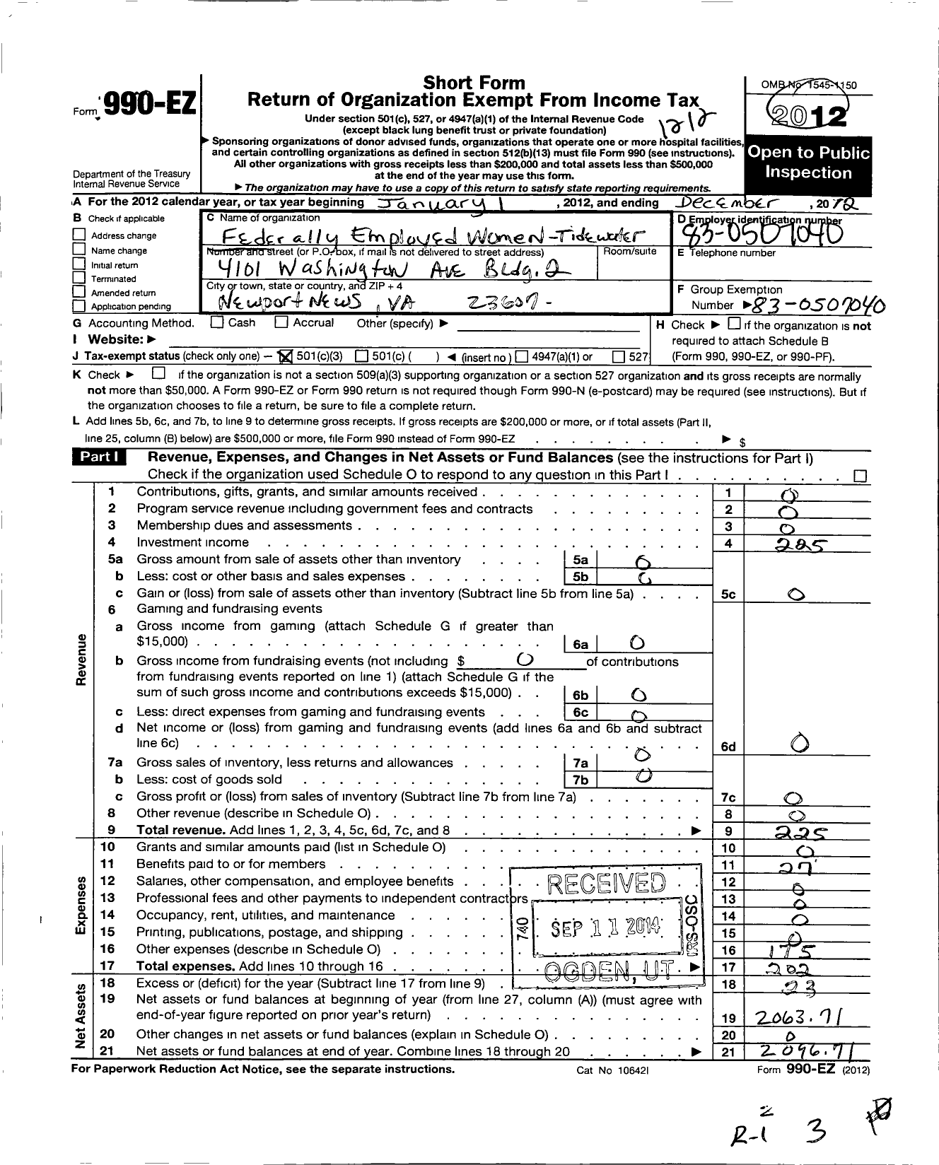 Image of first page of 2012 Form 990EZ for Federally Employed Women / Tidewater