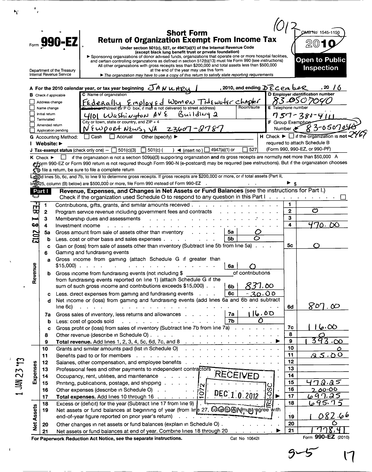 Image of first page of 2010 Form 990EO for Federally Employed Women / Tidewater